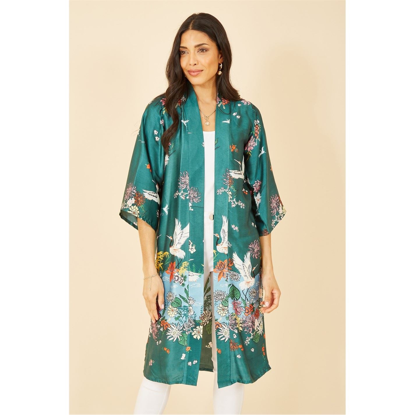 Yumi Satin Crane Border Kimono