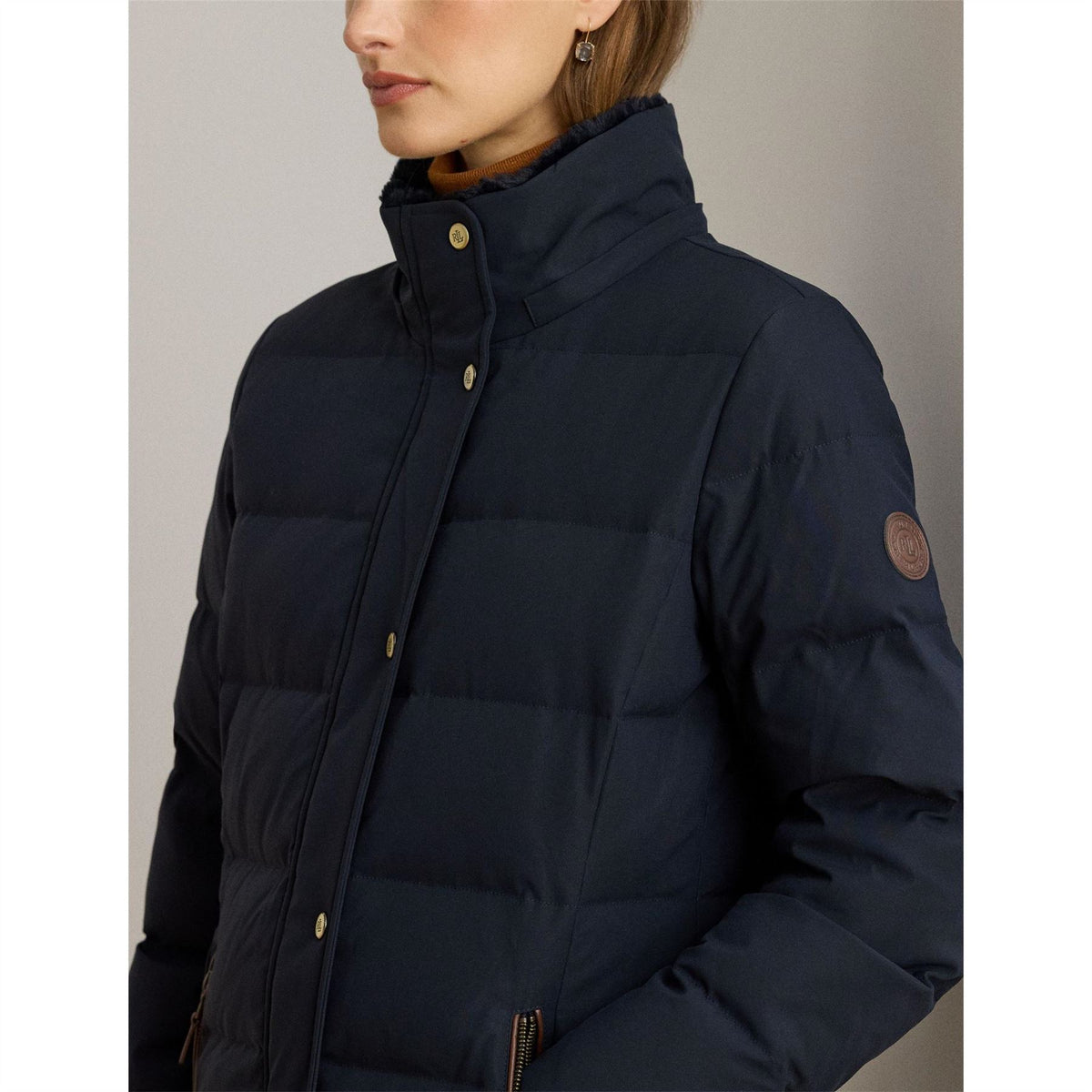 Lauren by Ralph Lauren Real Leather Fur Hood Medium Puffer Jacket