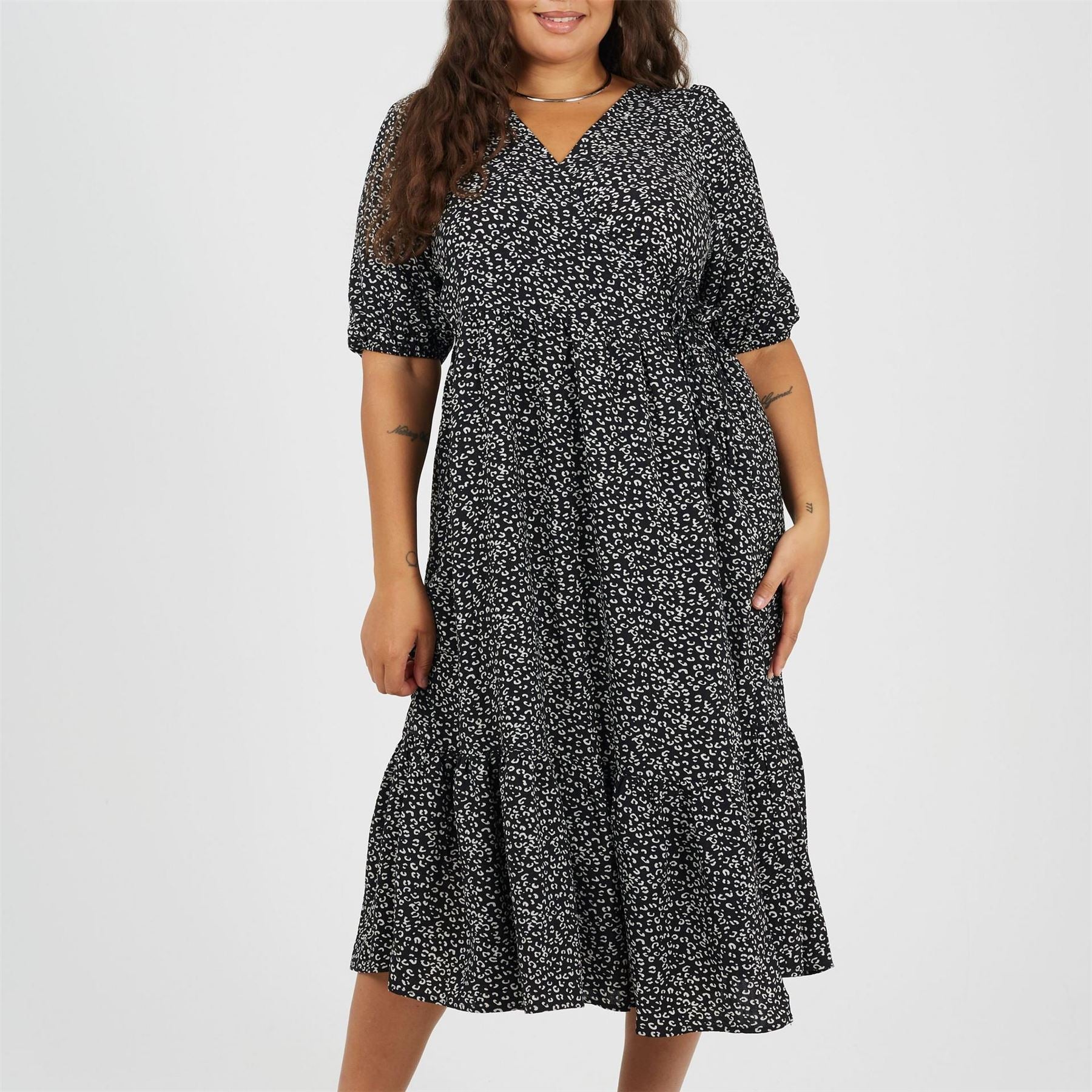 Brave Soul Plus Size Wrap Front Midi Dress With Puff Sleeves
