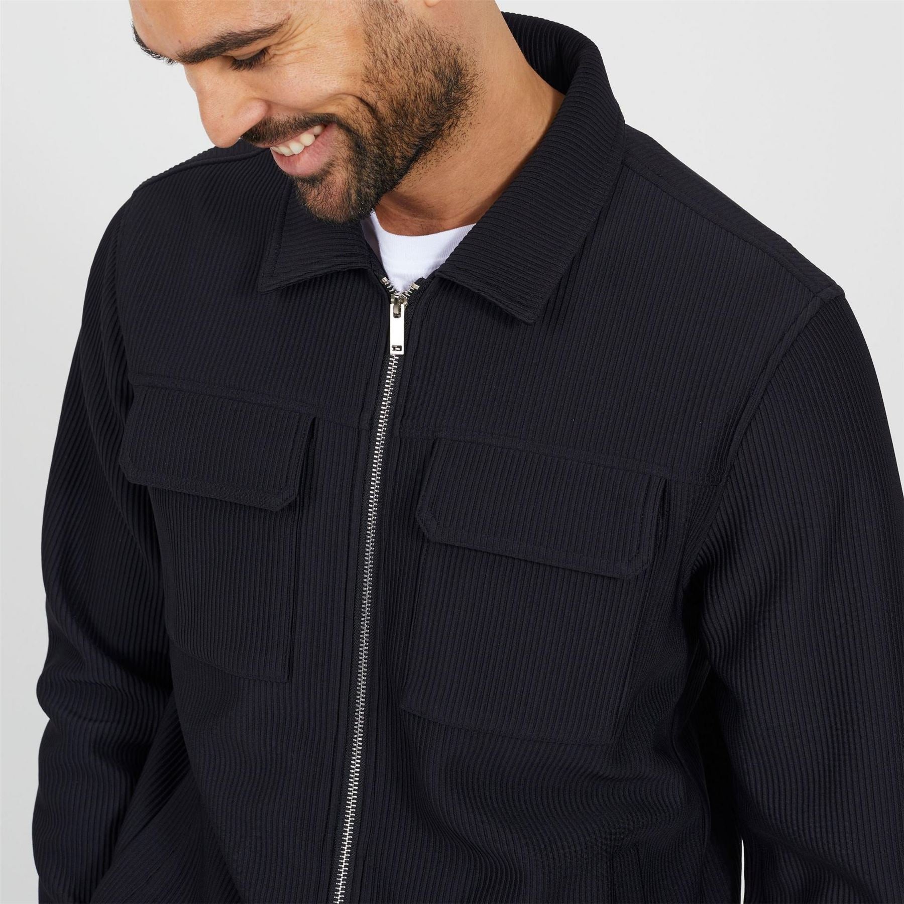 Brave Soul Ribbed Collared Jacket With Chest Pockets