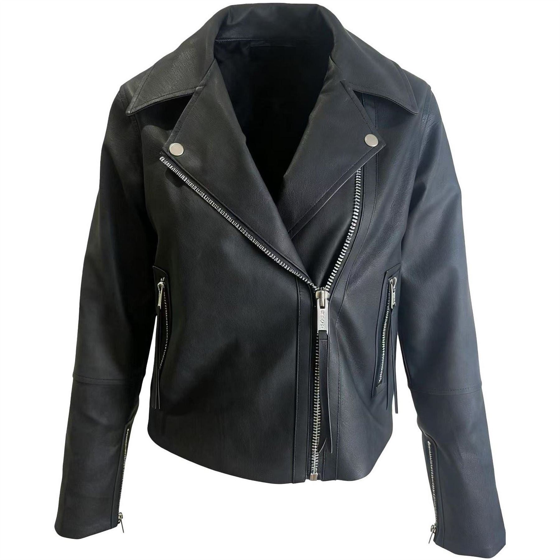 Kangol Solid Patterned Asymmetric Zipper Lapel Collared Zipped Cuff Biker Jacket