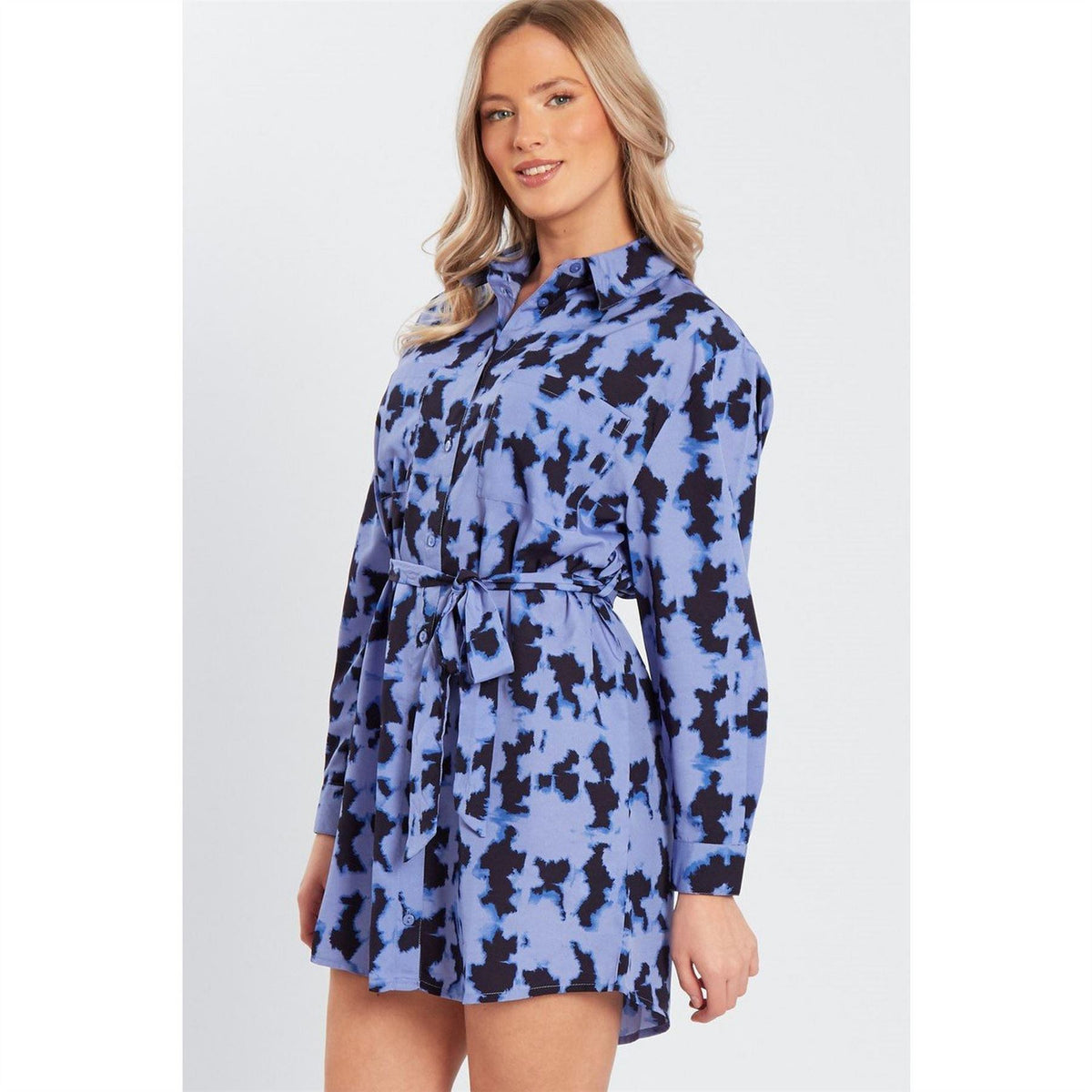 Wednesday Girls Blur Print Belted Collared Neck Mini Dress