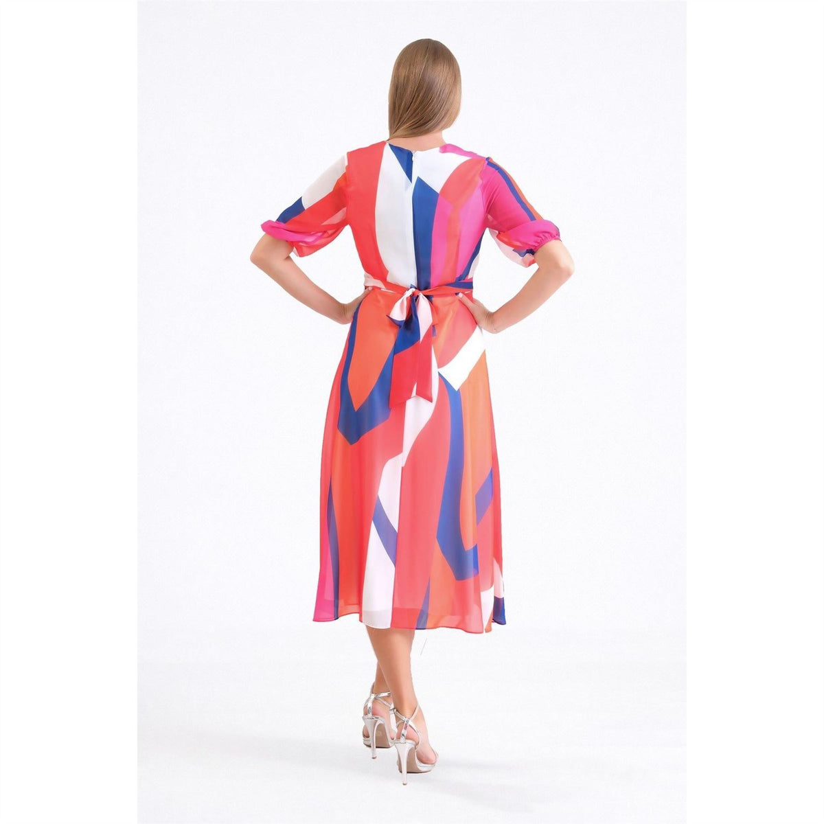 Ella Boo Coral Multi Abstract Belted Midi  Print Dress