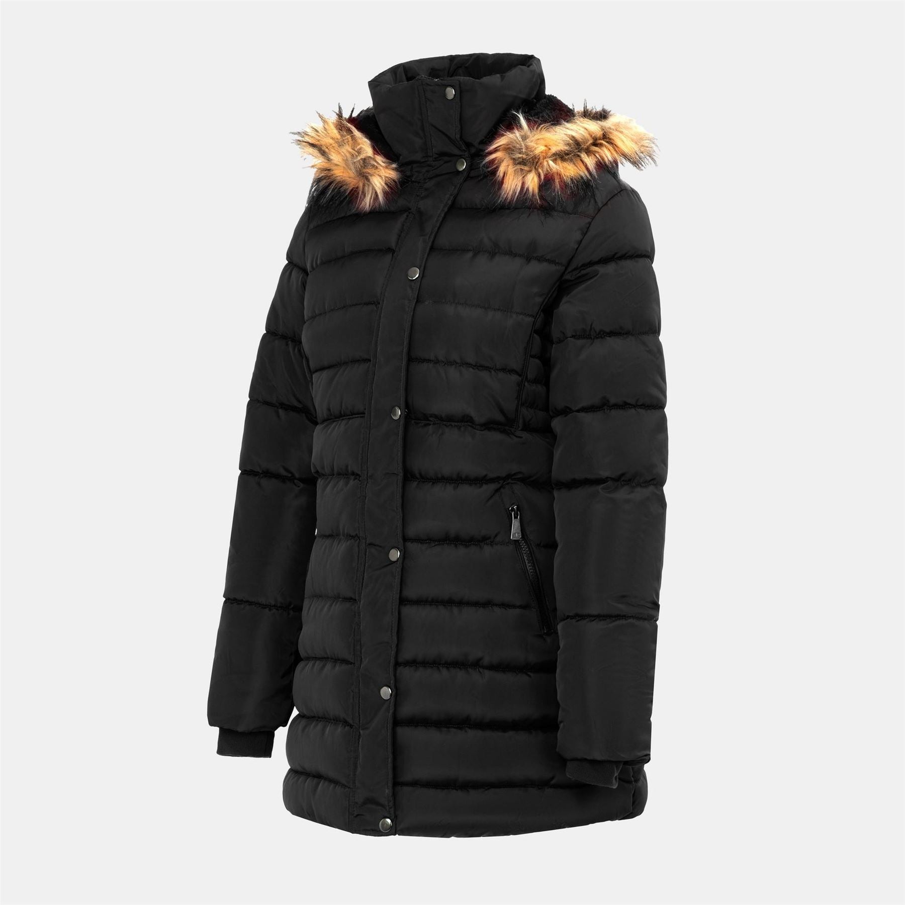 I Saw It First Solid Patterned Hooded Snap Button Fur Trim Ribbed Cuff Parka Jacket