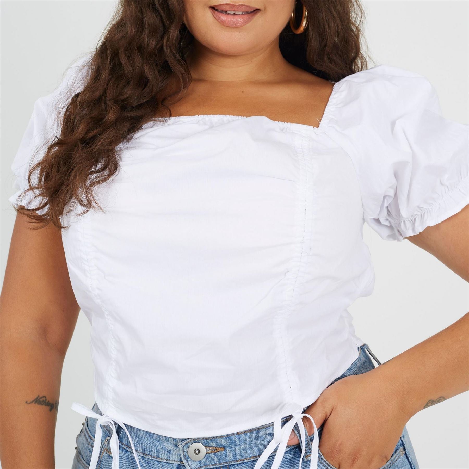 Brave Soul Womens Plus Size Puff Sleeve Top With Ruched And Tie Details.