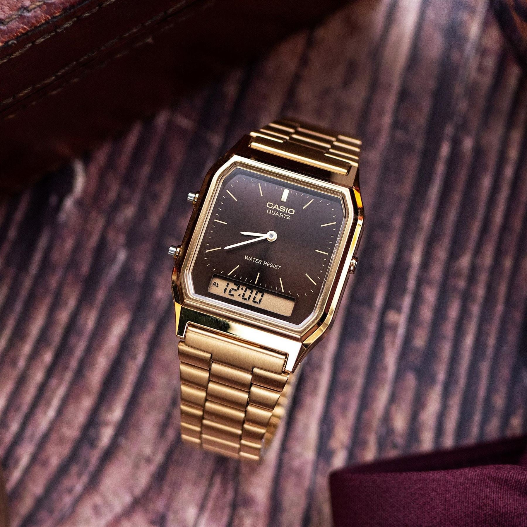 Casio 230ga 5amqyes Dual Time Zone Water Resistant Stainless Steel Gold Digital Watch