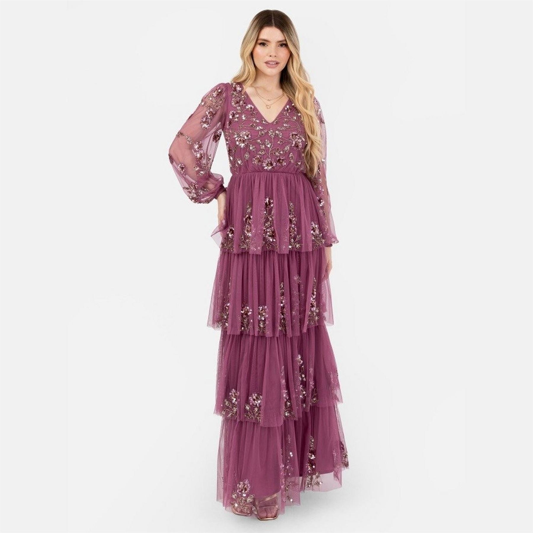 Maya Deluxe Purple Embellished Maxi Sleeve Tiered Maxi Dress