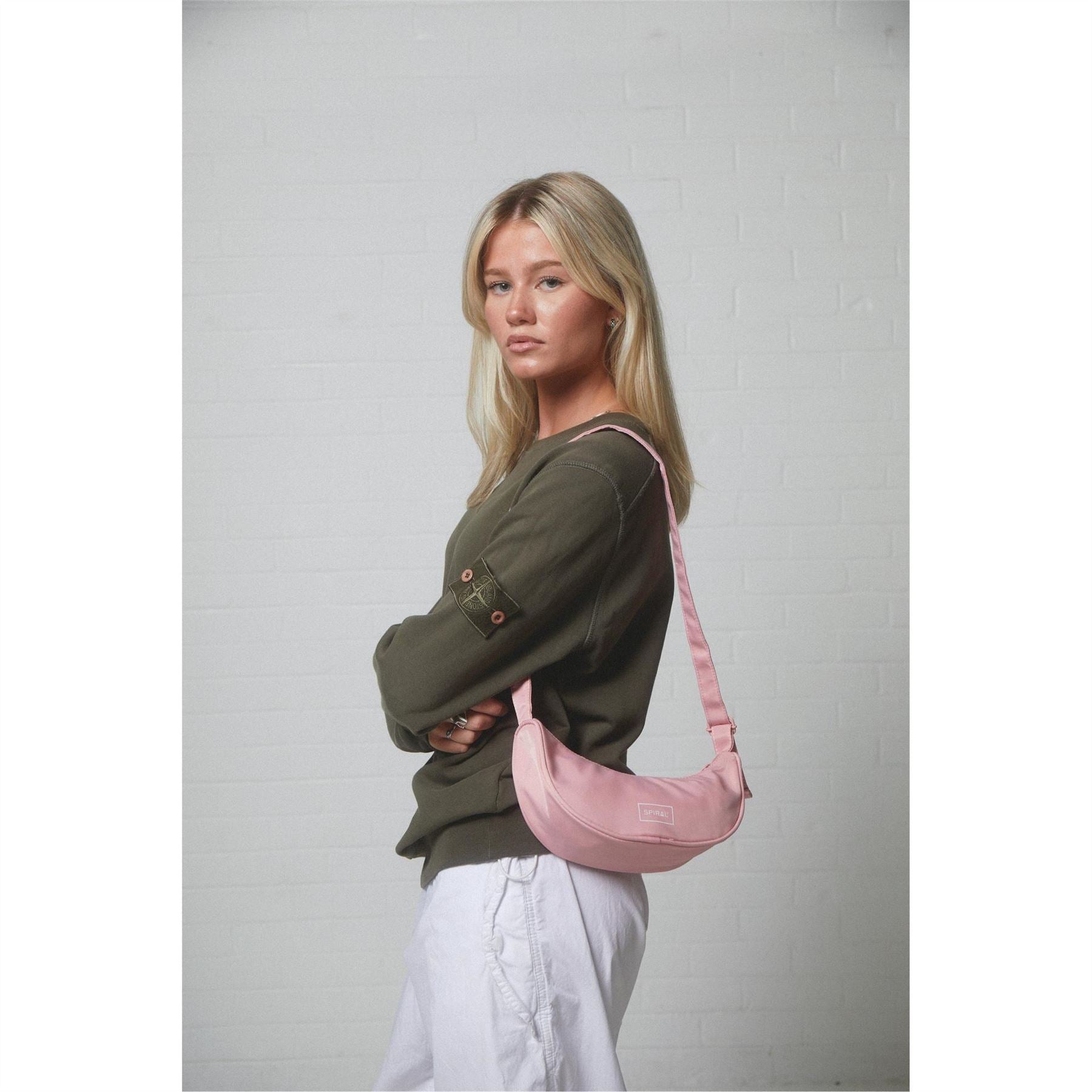 Spiral Cali Crescent Shape Cross Body Bag with Logo Patch