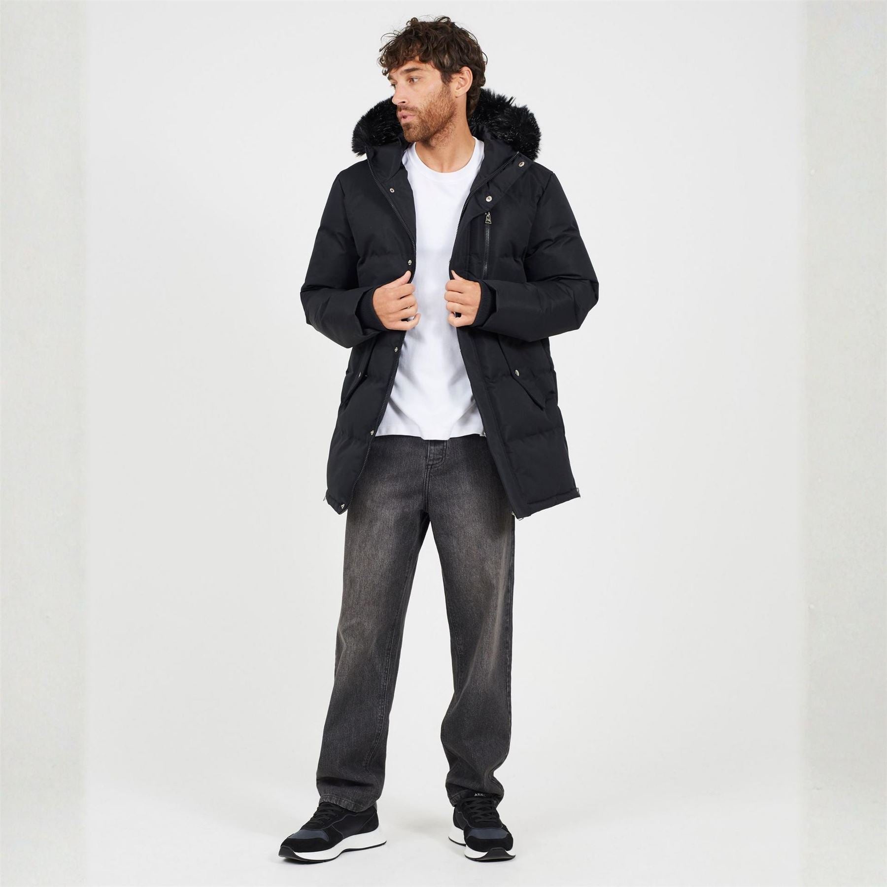 Brave Soul Hooded Snap Button Ribbed Cuff Parka Coat with Fur Trim