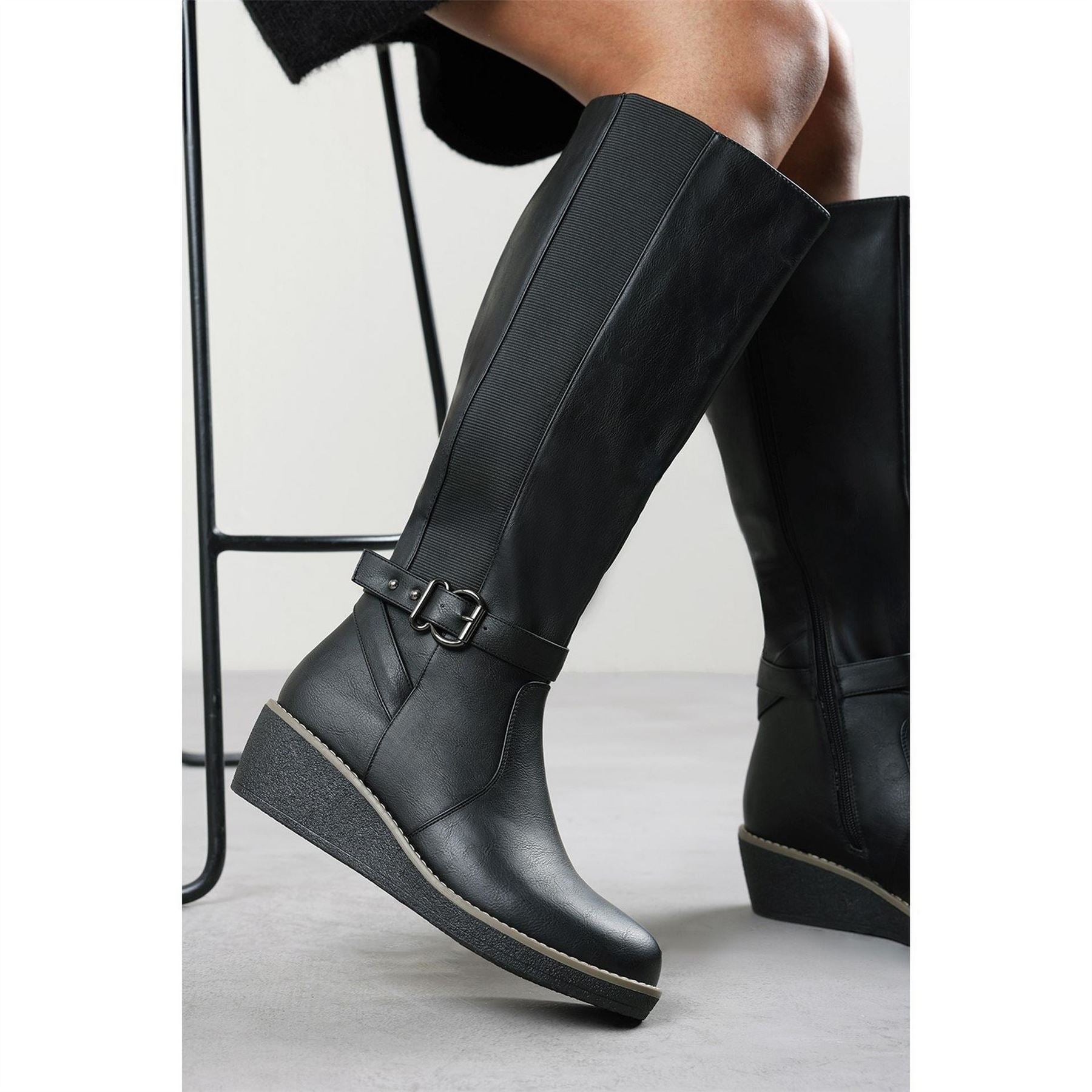 Wheres That From Knee High Wedge Boots With Strap And Buckle