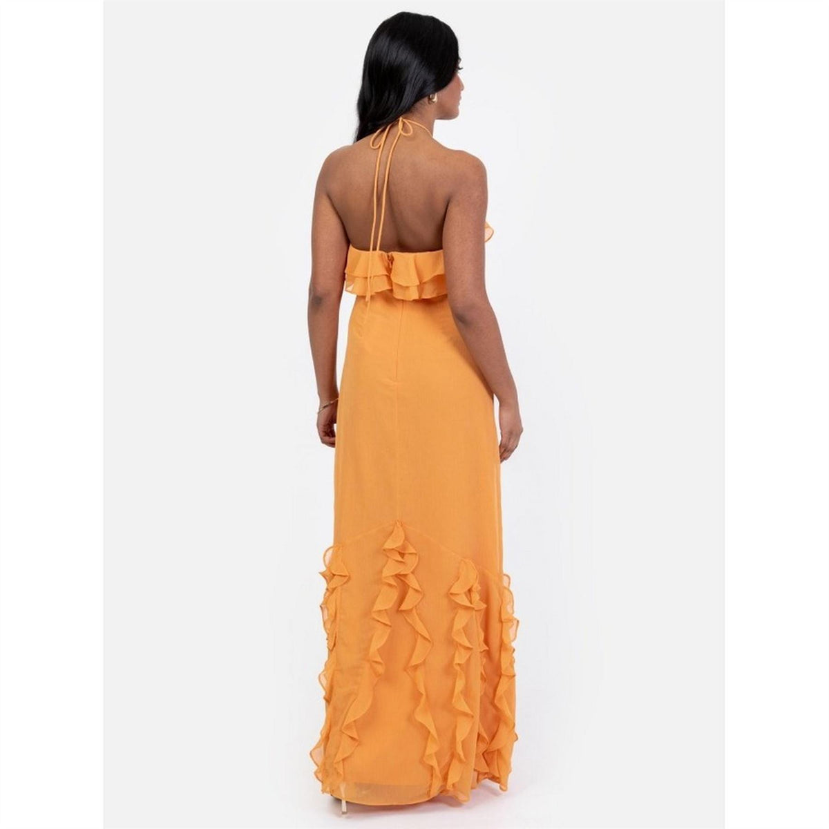 Maya Deluxe Orange Embellished Halter Neck Ruffled Maxi Dress