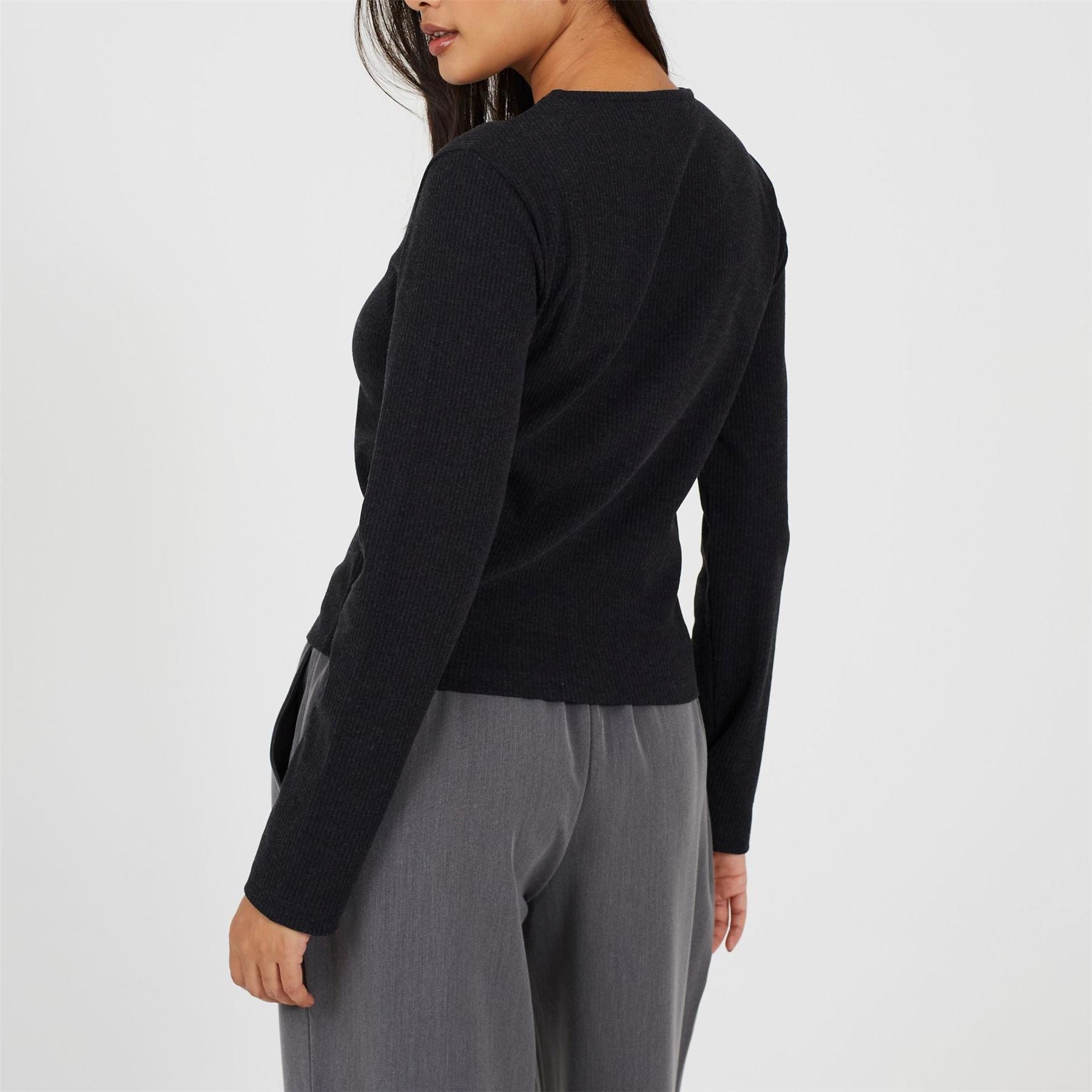 Brave Soul Womens Long Sleeve Ribbed Top With Button Down Front