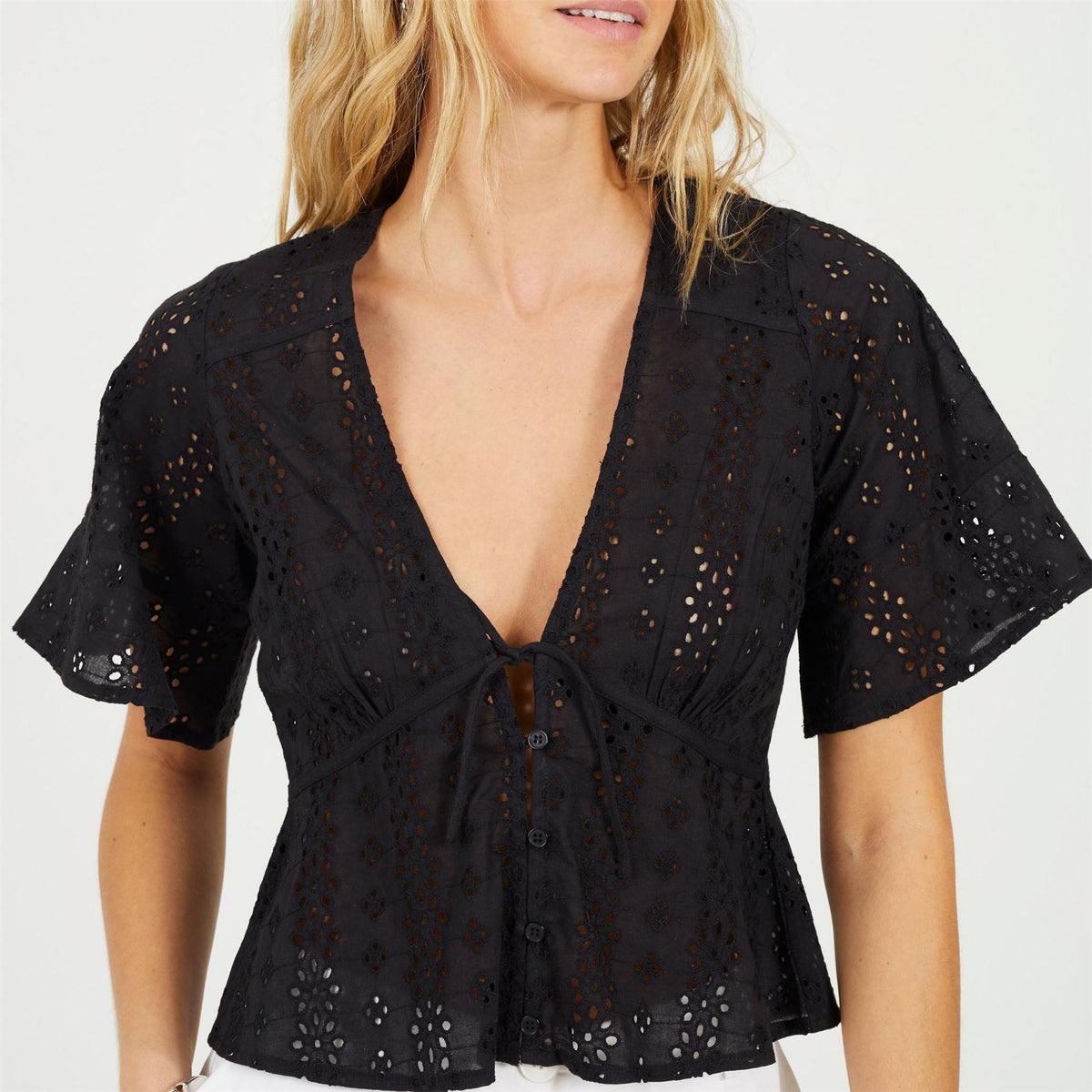 Brave Soul Womens Broderie Anglaise Short Sleeve Shirt With Front Tie Detail
