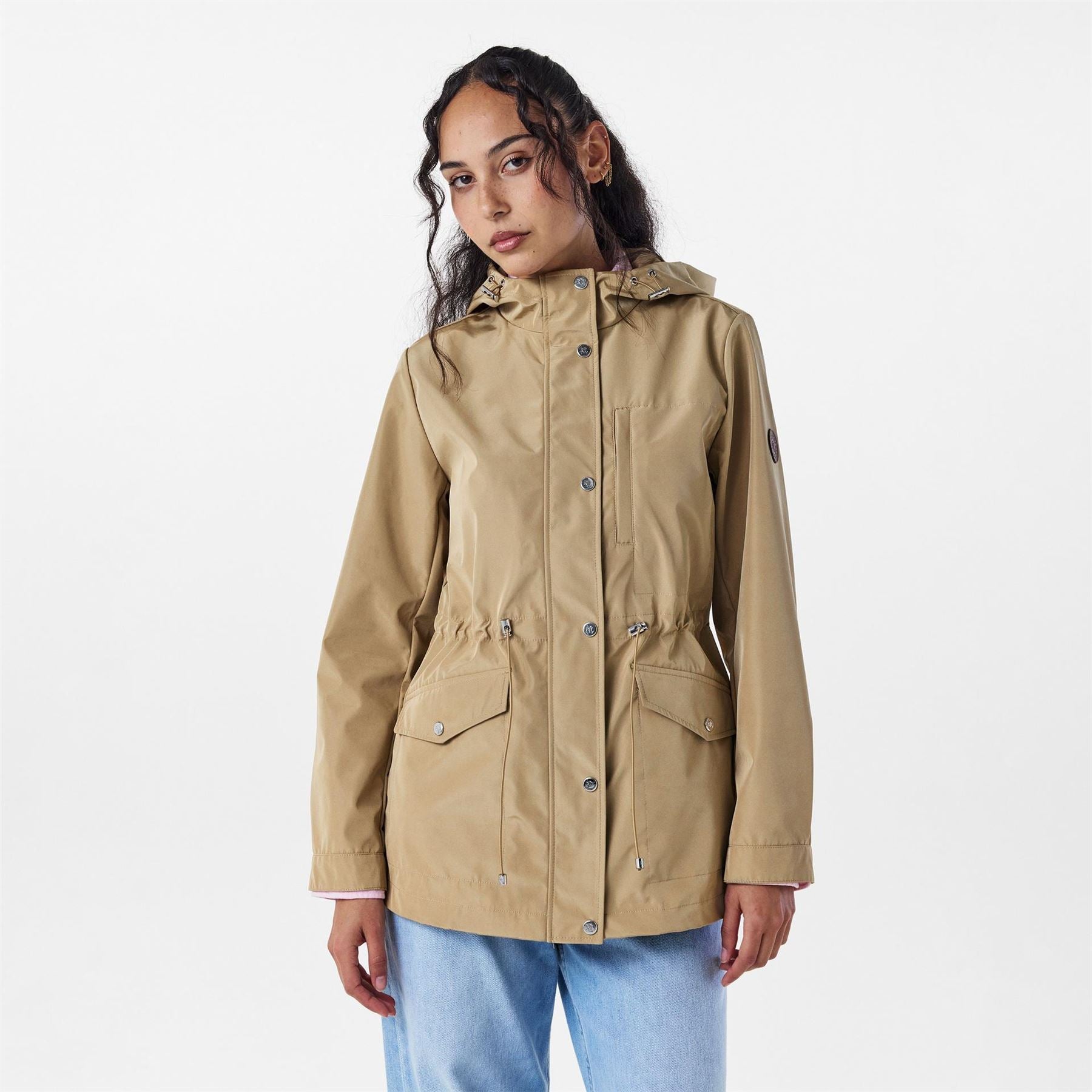 Lauren by Ralph Lauren Solid Patterned Hooded Drawstring Snap Button Rain Jacket