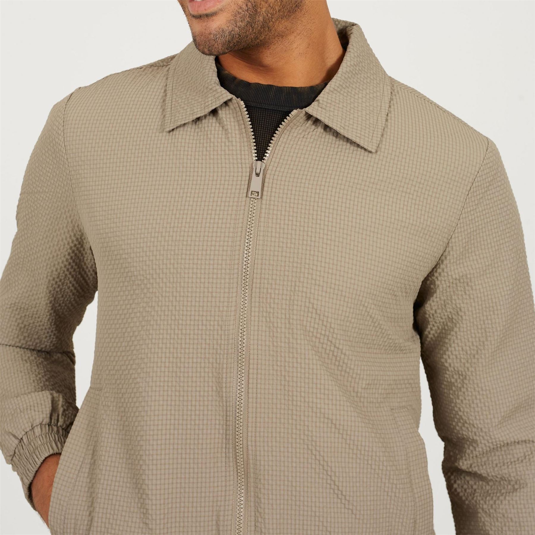 Brave Soul Mens Seersucker Harrington Shacket In Taupe