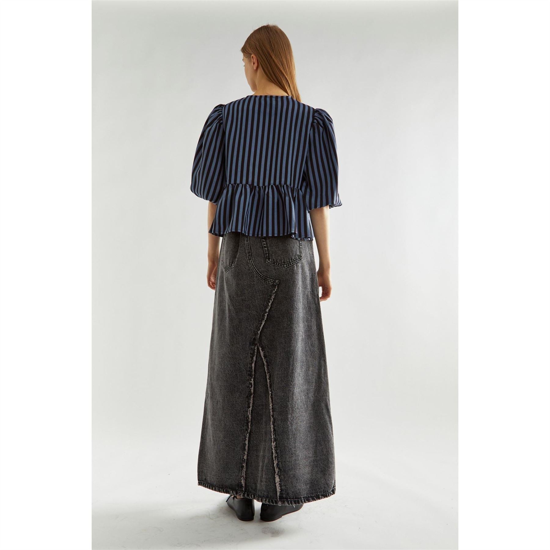 Glamorous Blue Black Stripe Tie Front  Top