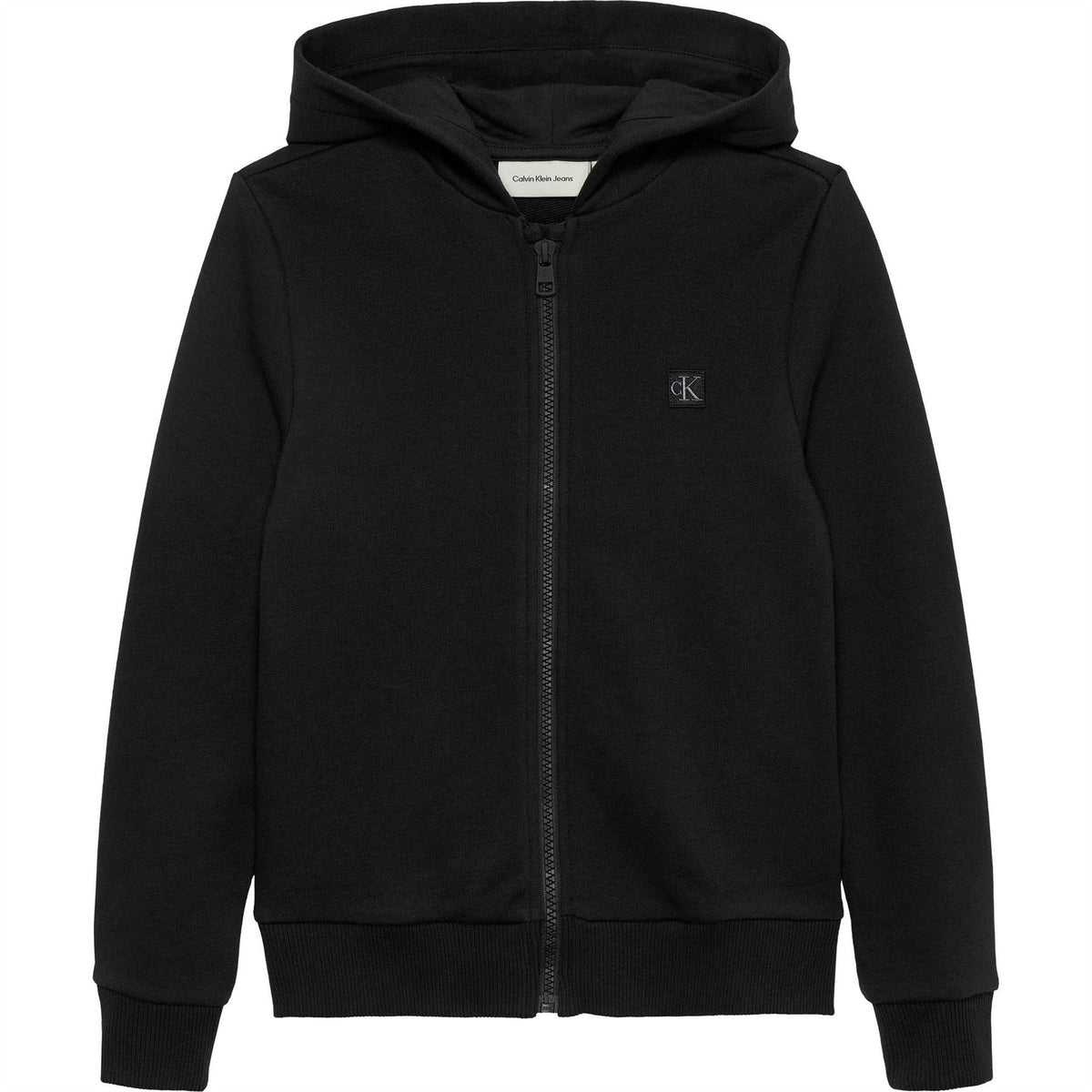 Calvin Klein Jeans Solid Patterned Hooded Ribbed Cuff Sweatshirt Jacket with Logo