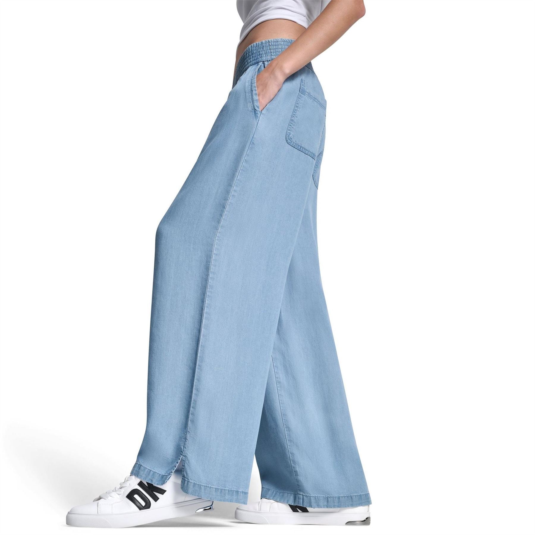 DKNY Jeans Wide Leg Tencel Ankle Pant W  High Rise Smocked Waistband