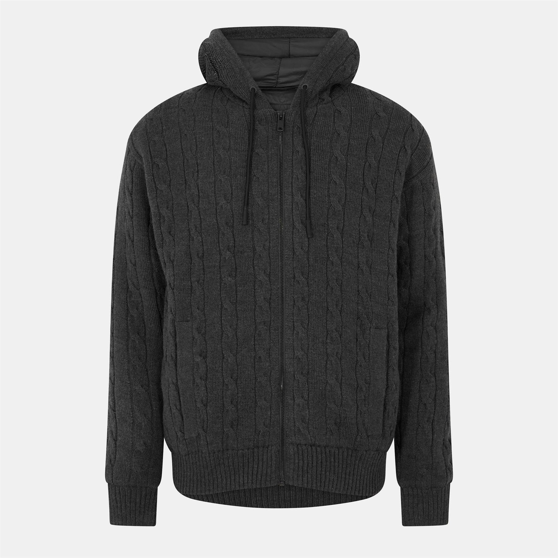 Boss Hooded Drawstring Ribbed Cuff Cable Knit Swacket
