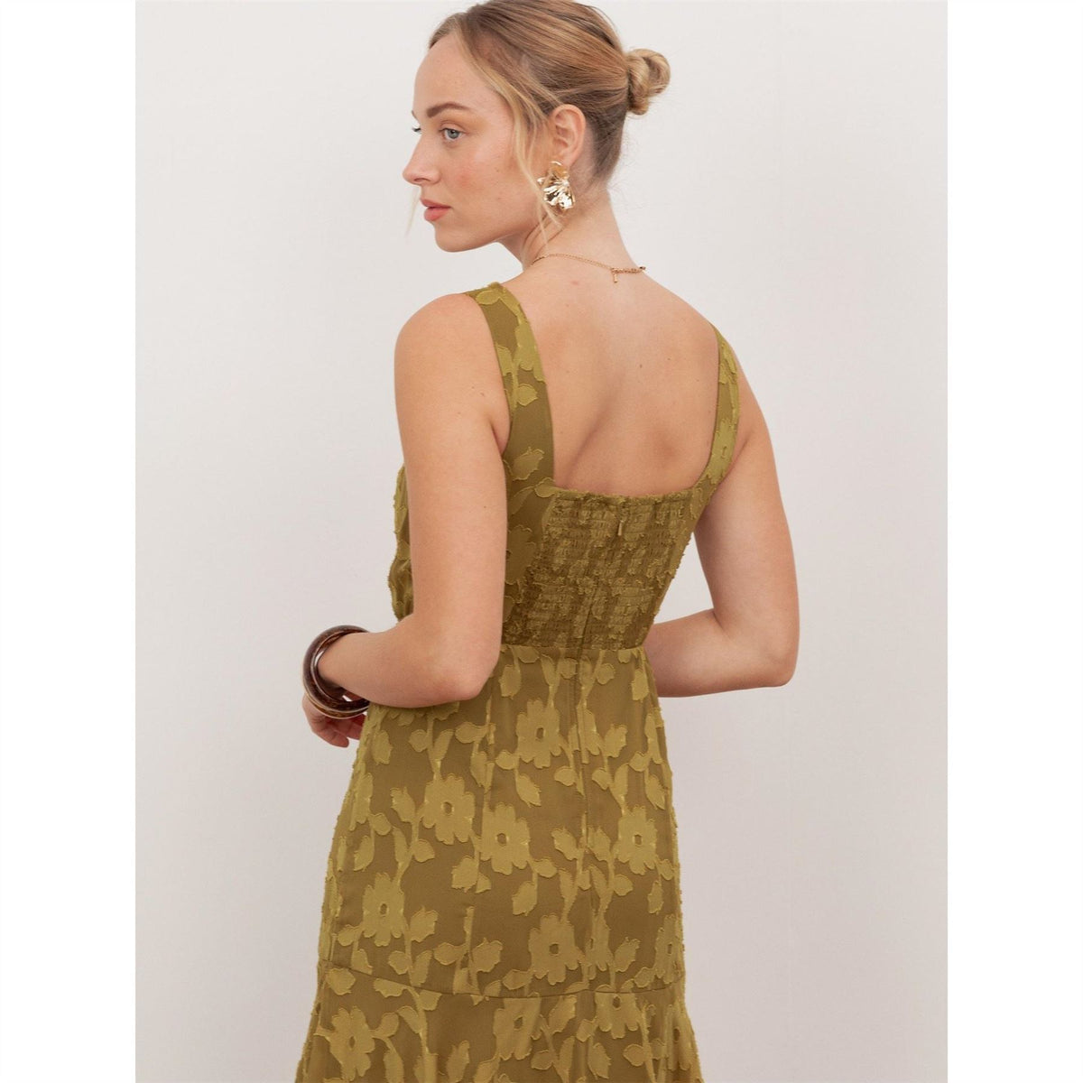 Anaya With Love With Love Recycled Golden Olive Floral Burnout Square Neck Tiered Midaxi Dress