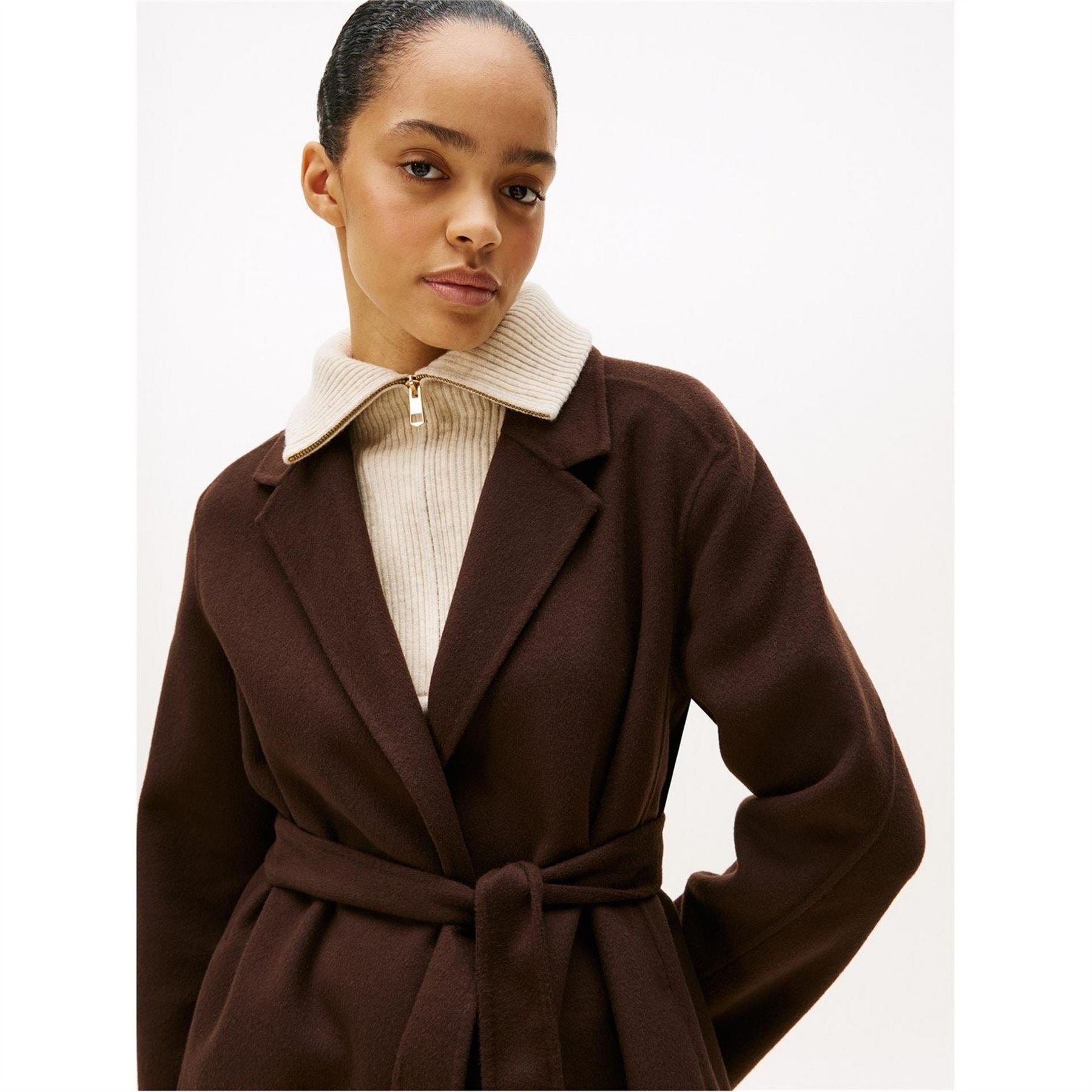 Tommy Hilfiger Solid Patterned Lapel Collared Belted Over Coat