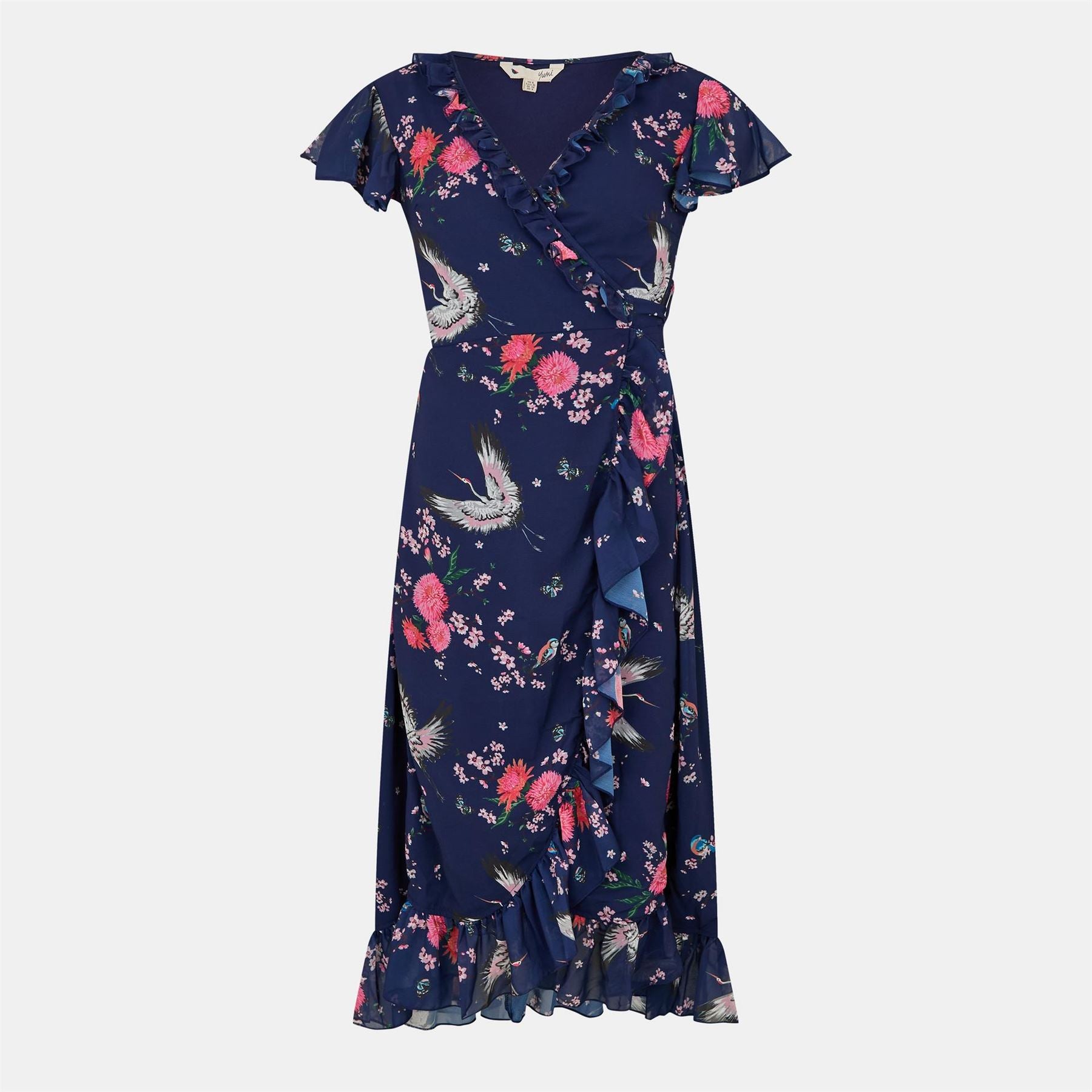 Yumi Crane Print V-Neck Midi Wrap Dress
