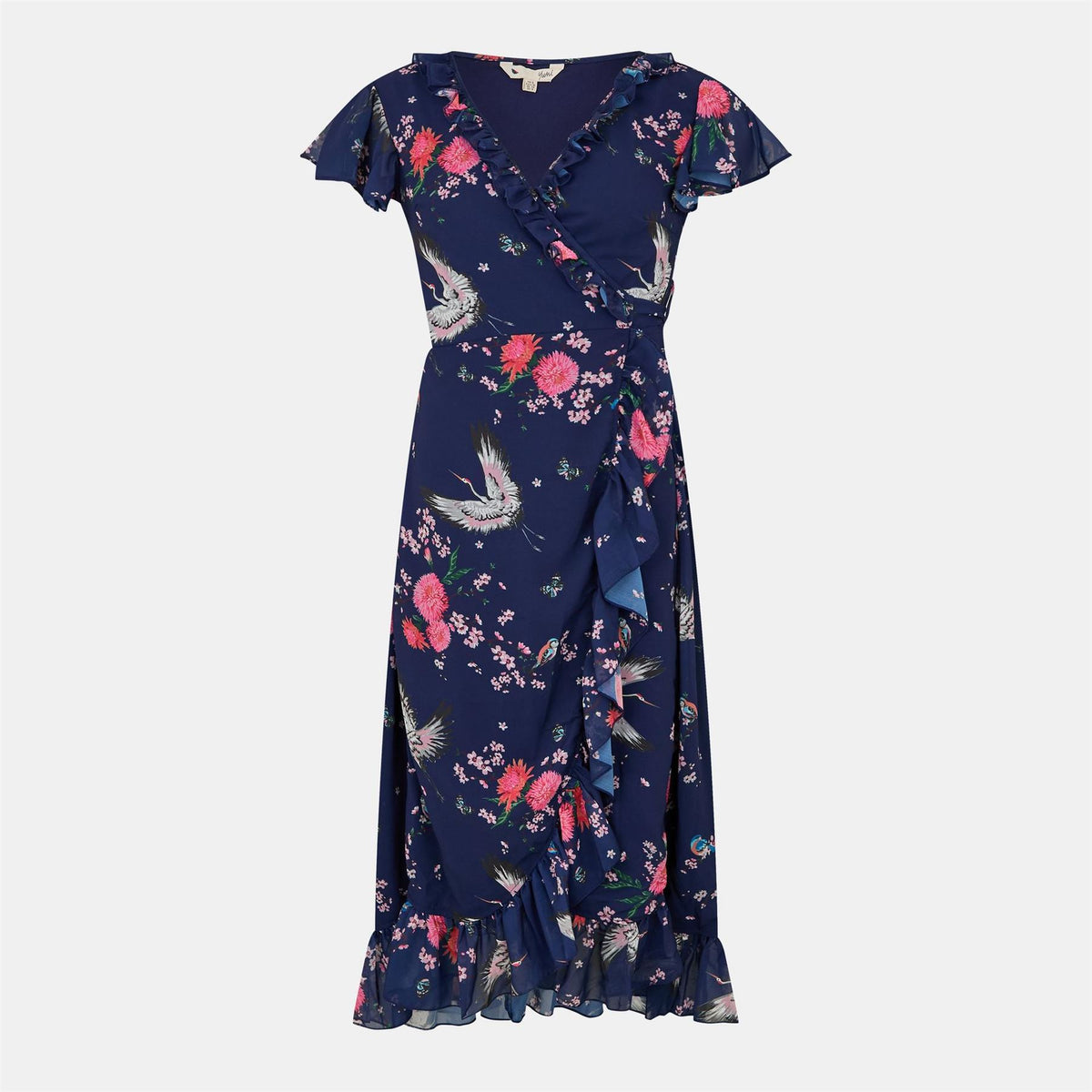 Yumi Crane Print V-Neck Midi Wrap Dress