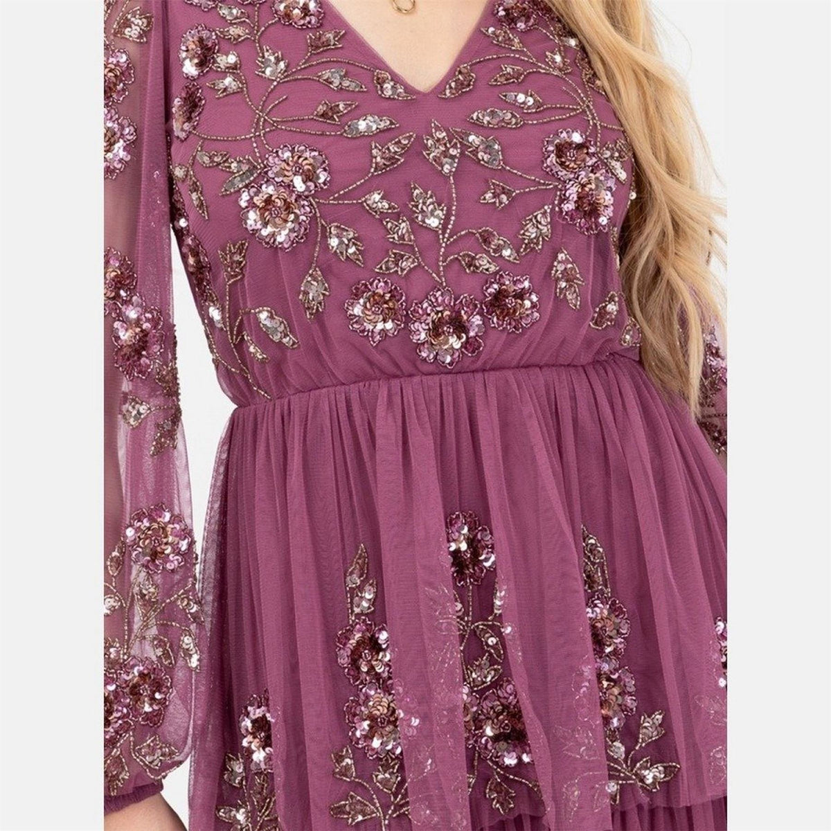 Maya Deluxe Purple Embellished Maxi Sleeve Tiered Maxi Dress