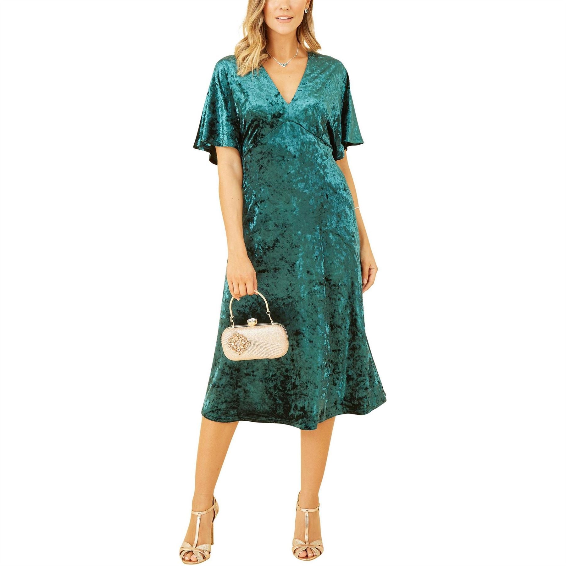 Yumi Green Velvet V-Neck Midi A-Line Dress