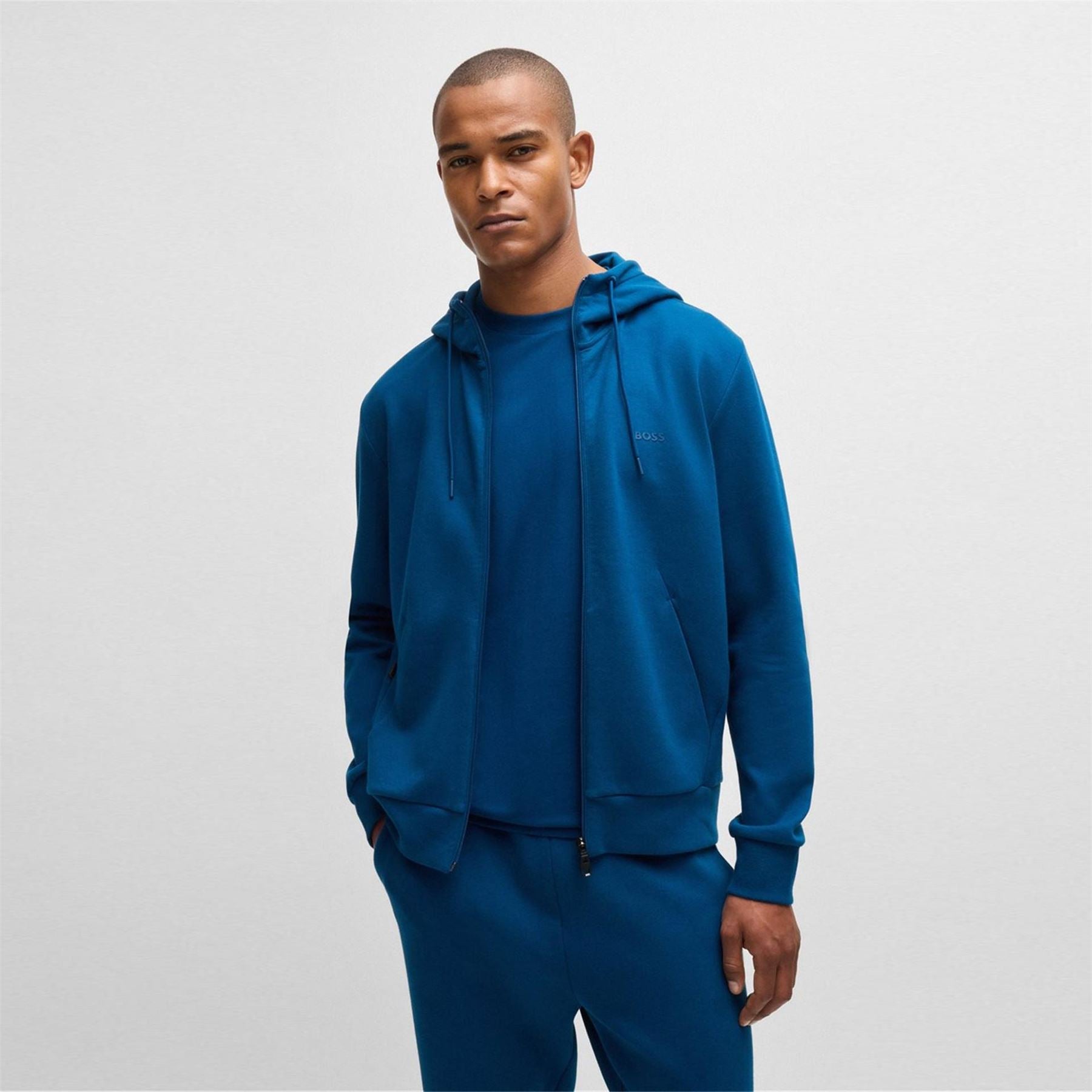 Boss Green Full Zip Hoodie With Adjustable Drawstring Hood   Streamlined Design
