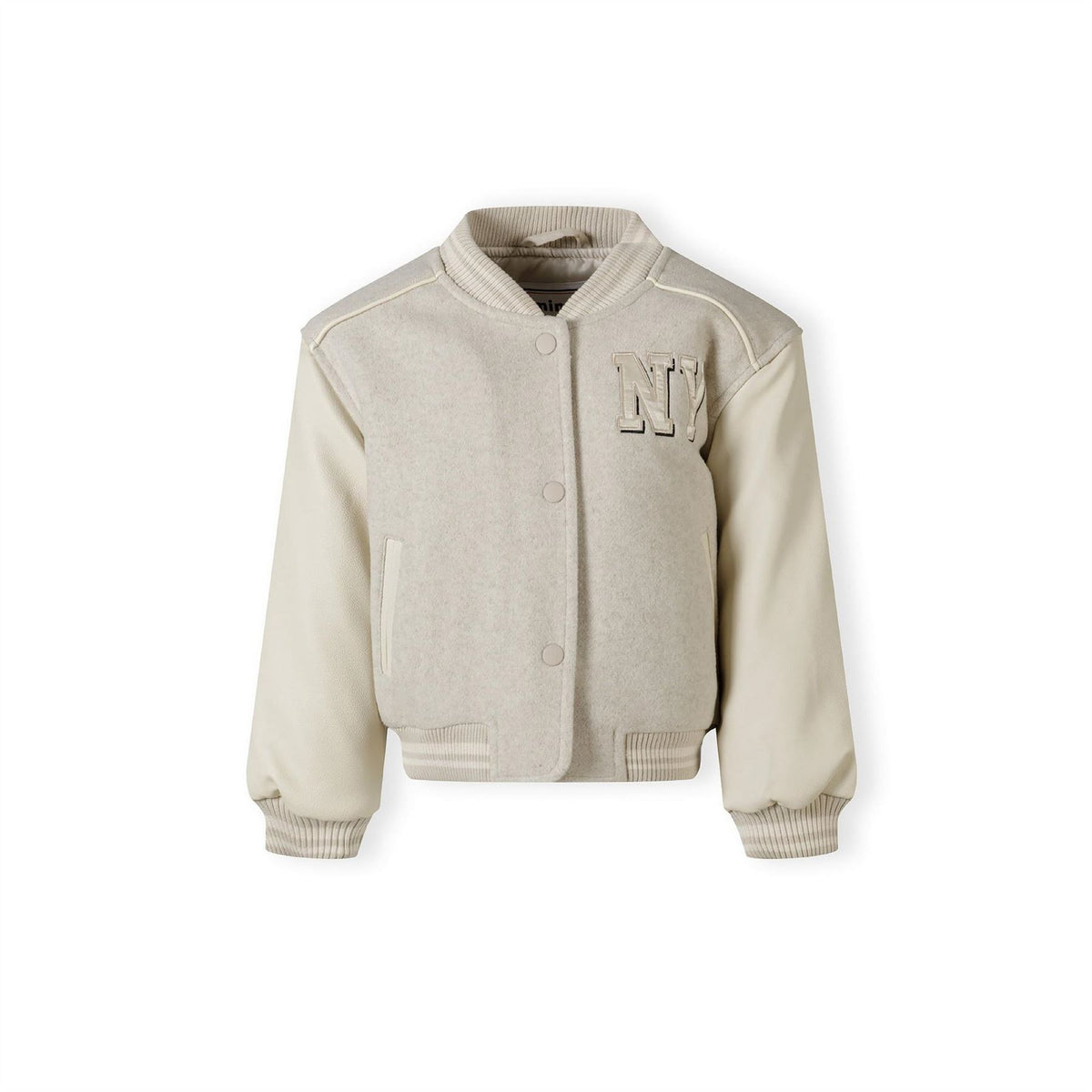 Minoti Girls Baseball Style Jacket With Ny Patch And Faux Leather Sleeves Beige