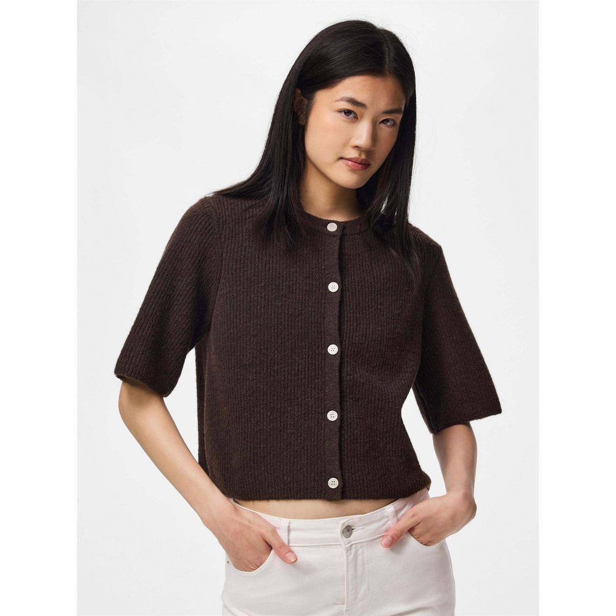 Pieces O-Neck Short Sleeve Button Placket Sweater