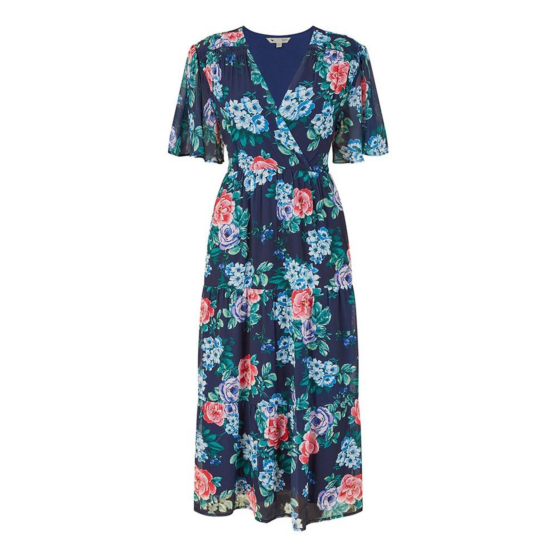 Yumi Green Floral V-Neck Midi Tiered Dress
