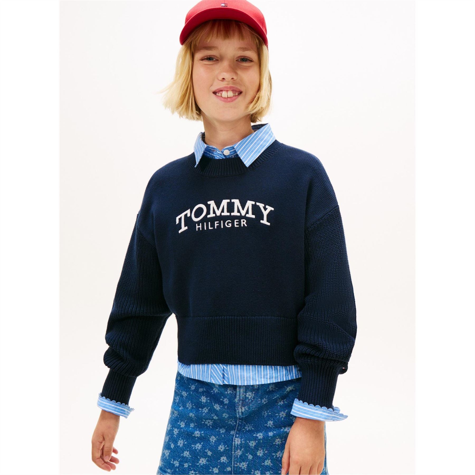 Tommy Hilfiger Embroidered Crew Neck Ribbed Collar Long Sleeve Sweater