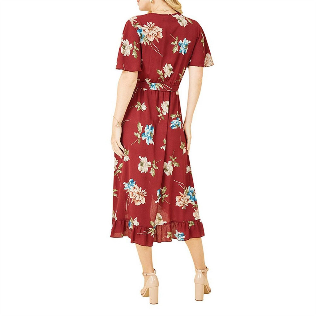 Mela London Red Floral Dip Hem Midi Wrap Dress