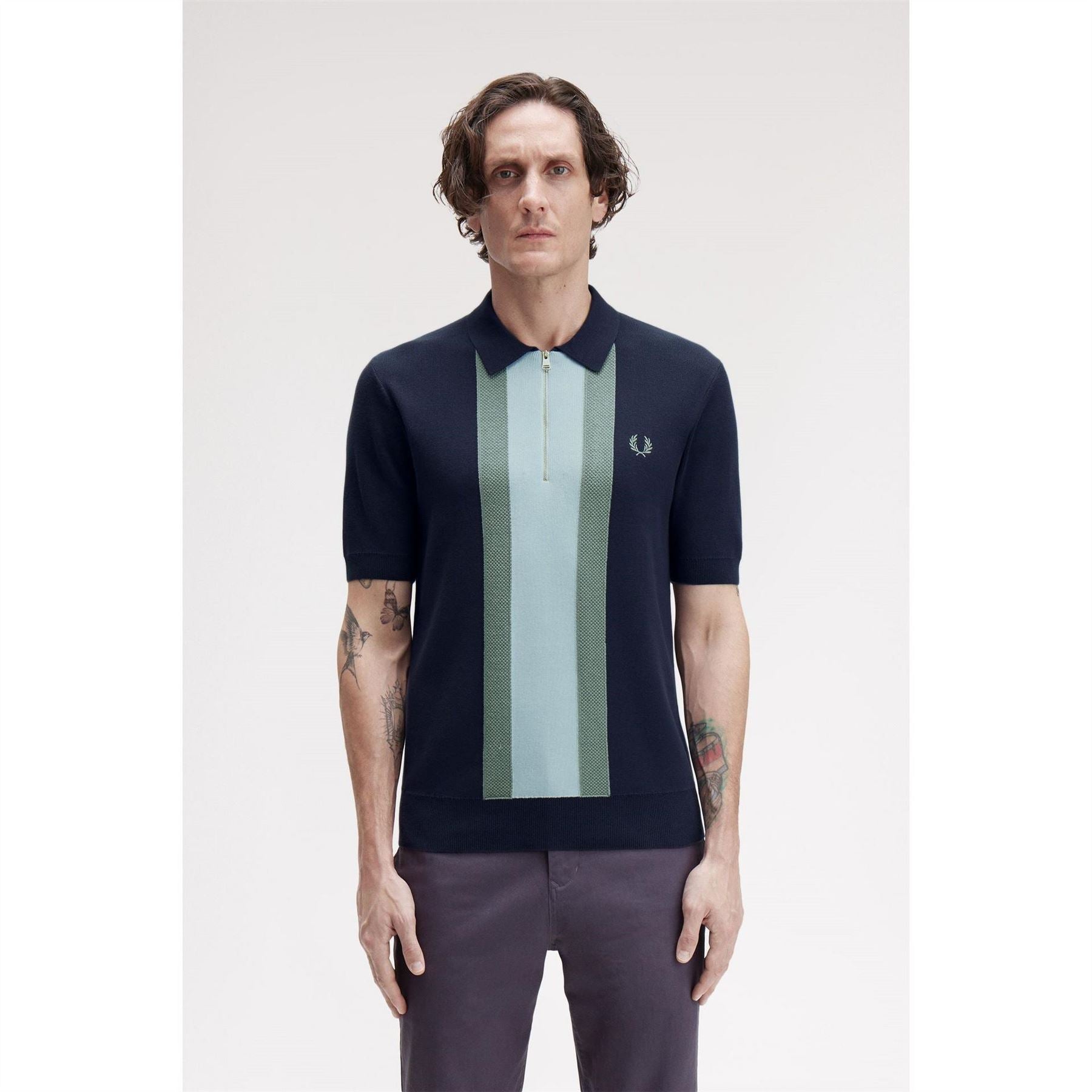 Fred Perry Vertical Stripe Zipped Short Sleeve Polo Shirt