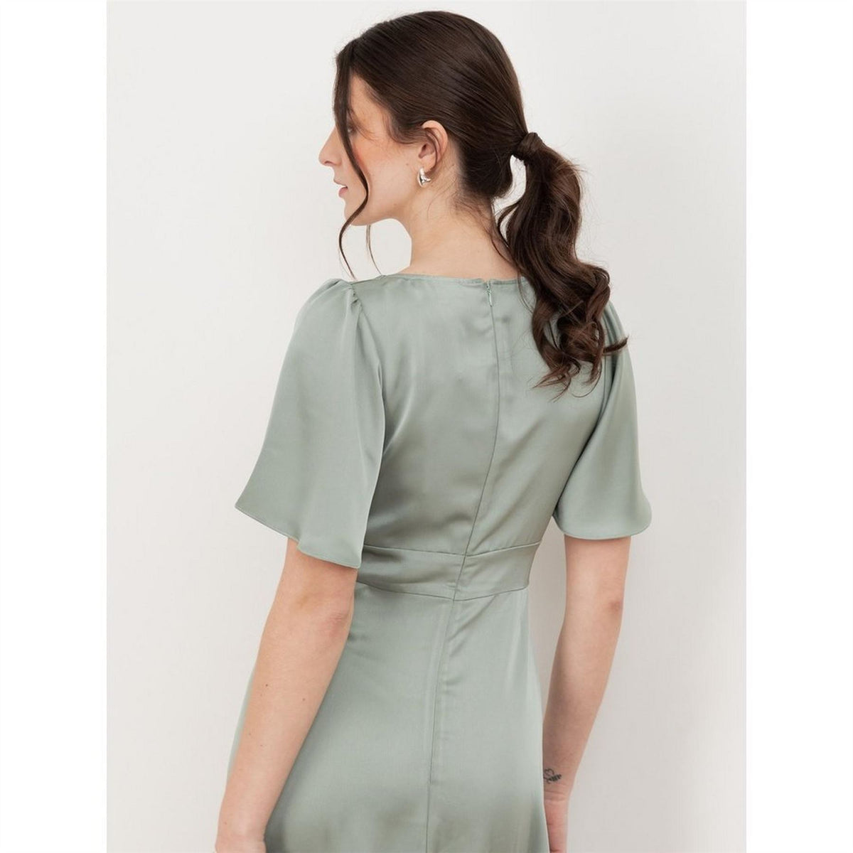Maya Deluxe Angel Sleeve Satin Bridesmaid Maxi Dress With Split