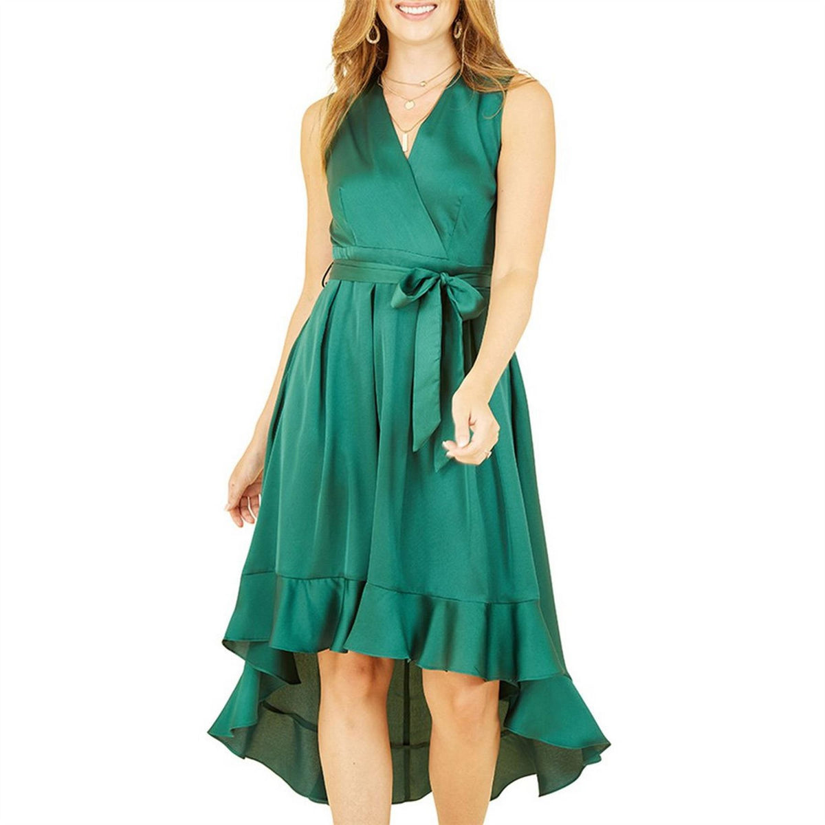 Mela London Green Satin Dipped Hem Midi Wrap Dress