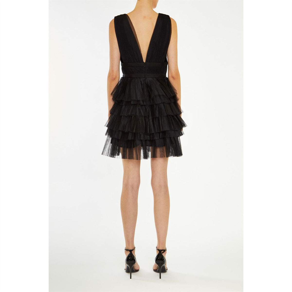 True Decadence Decadence Elle Black Plunge Front Tiered Tulle Mini Dress