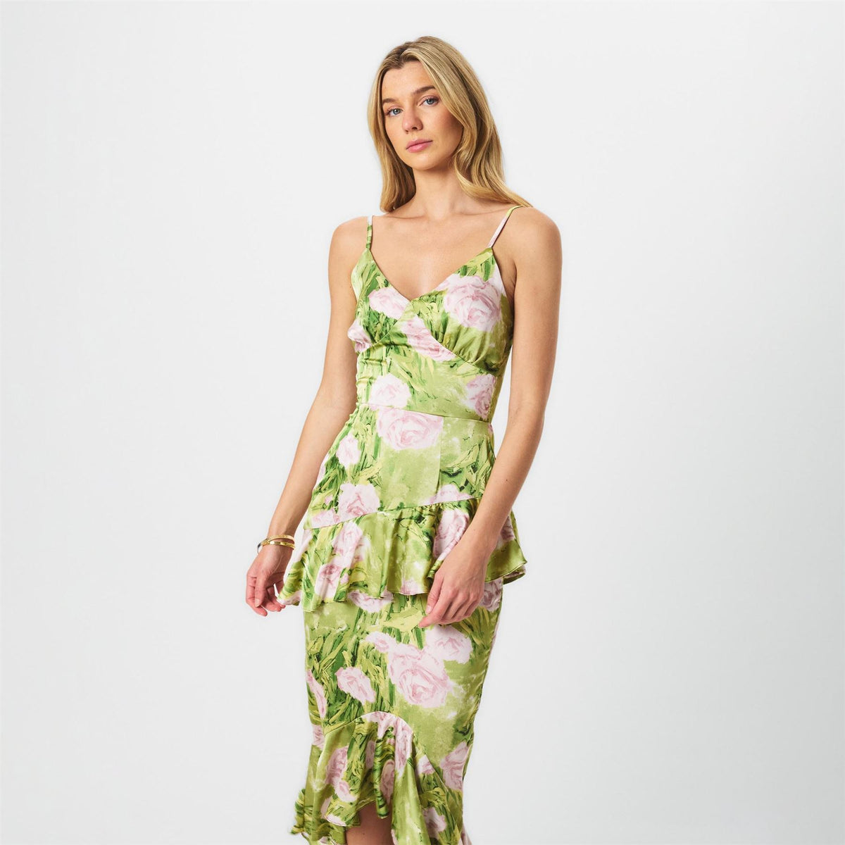 AX Paris Floral Satin Ruffle Midi Dress