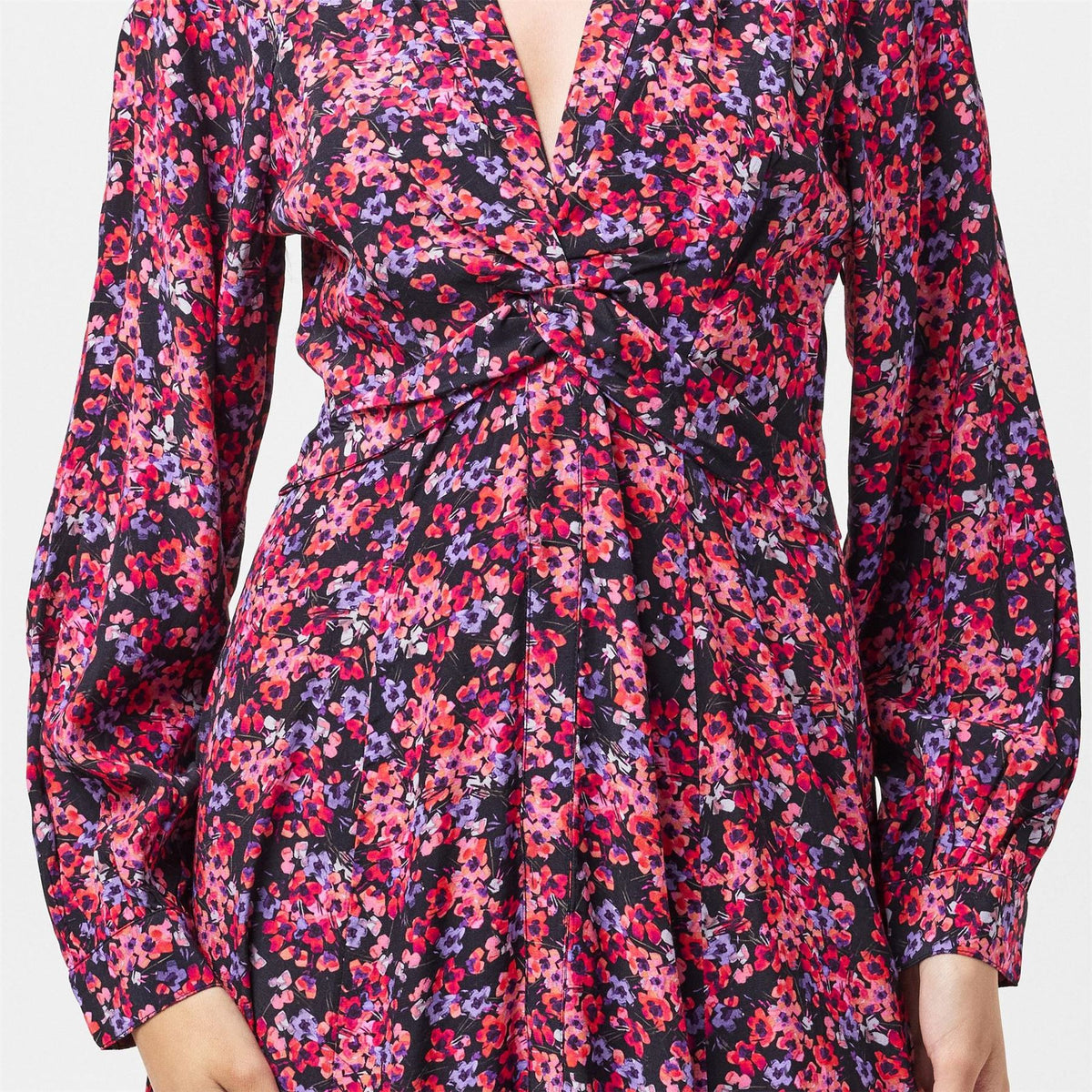 French Connection V-Neck Midi A-Line Dress with Floral Pattern and Long Sleeves
