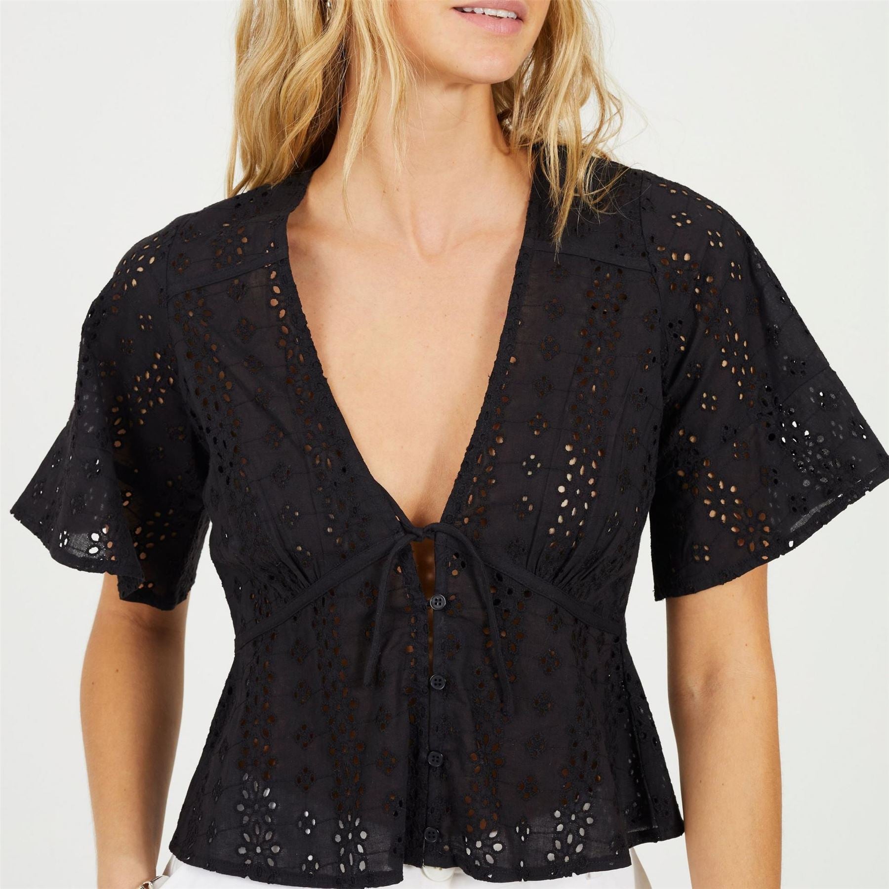 Brave Soul Womens Broderie Anglaise Short Sleeve Shirt With Front Tie Detail