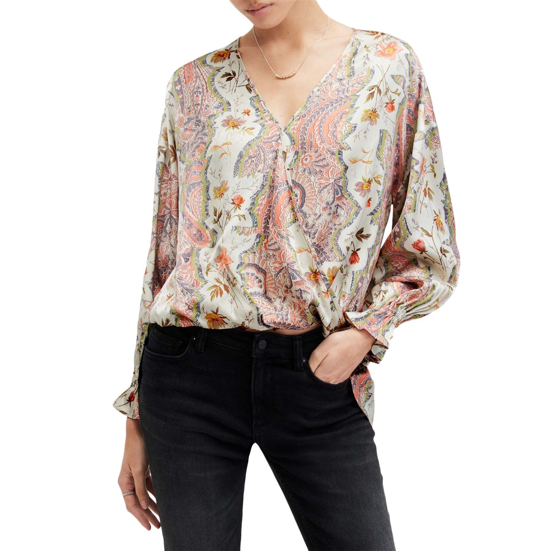 AllSaints Penny Wrap Over Paisley Print Regular Fit T-Shirt