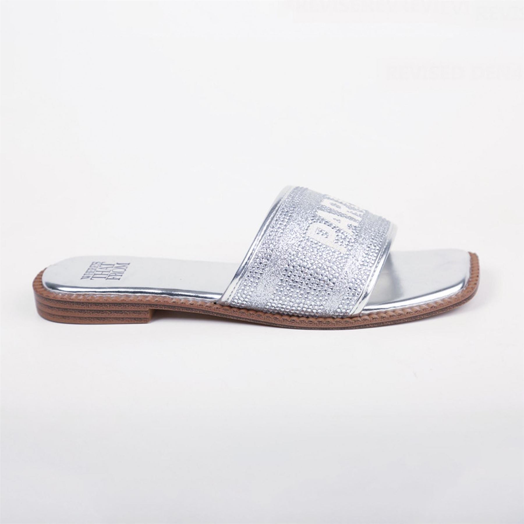 Wheres That From Brandi Stropez Lettering Shined Slide Sandals