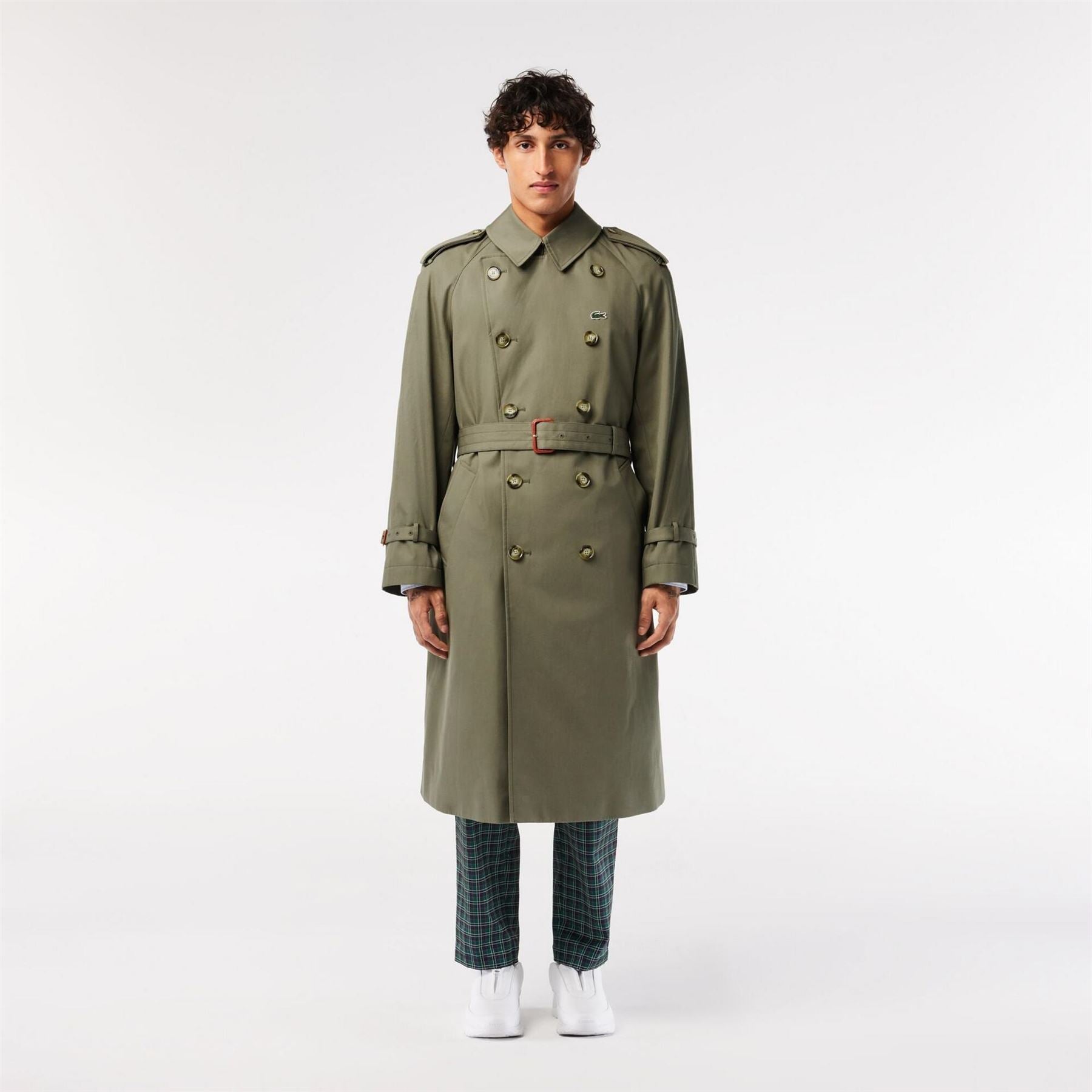 Lacoste Solid Patterned Trench Coat with Point Collar