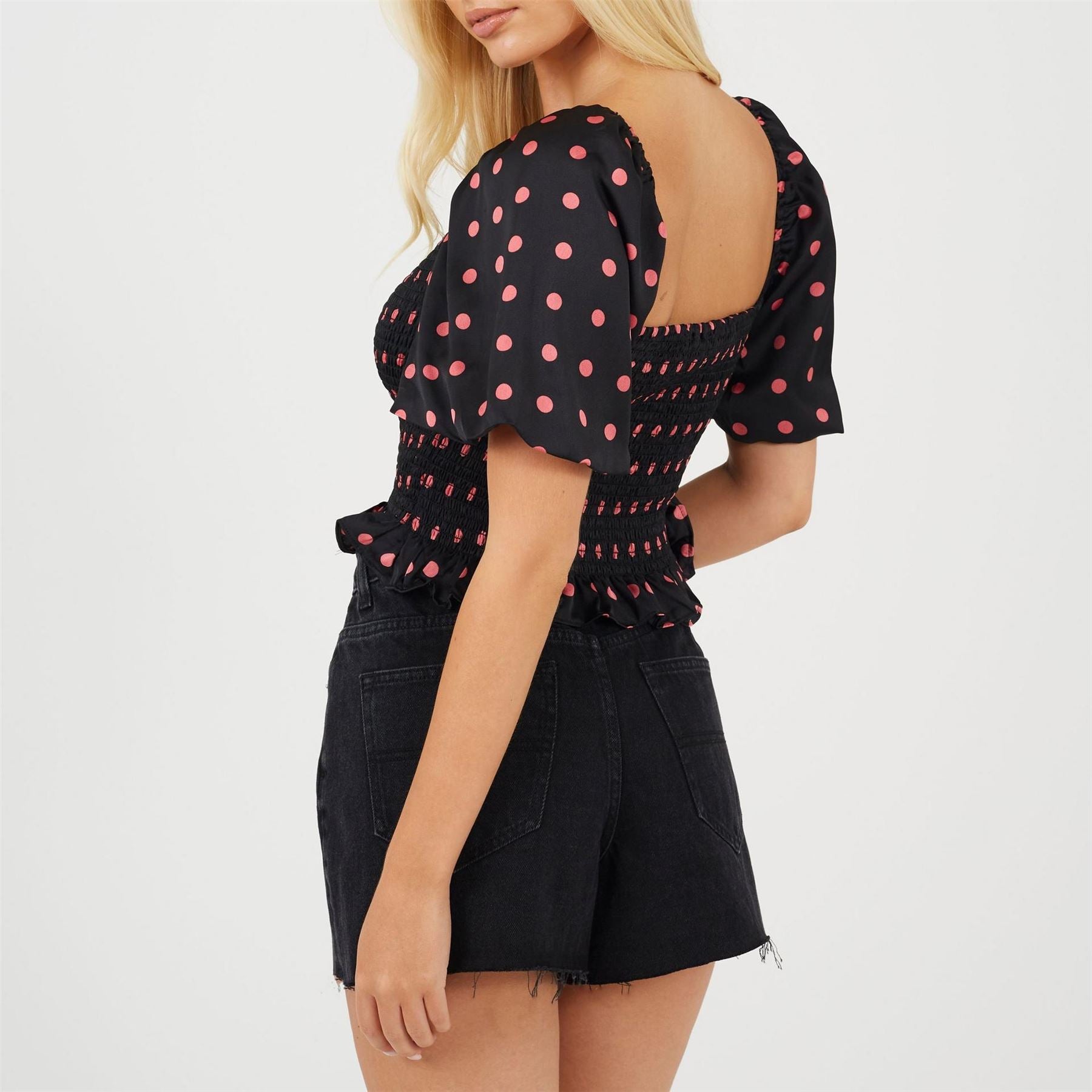 Brave Soul Womens Puff Sleeve Shirred Bust Polka Dot Top