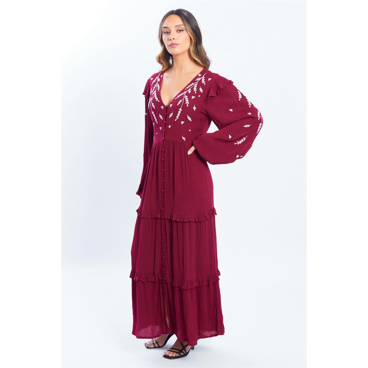 Be You Embroidered V-Neck Maxi Tiered Dress