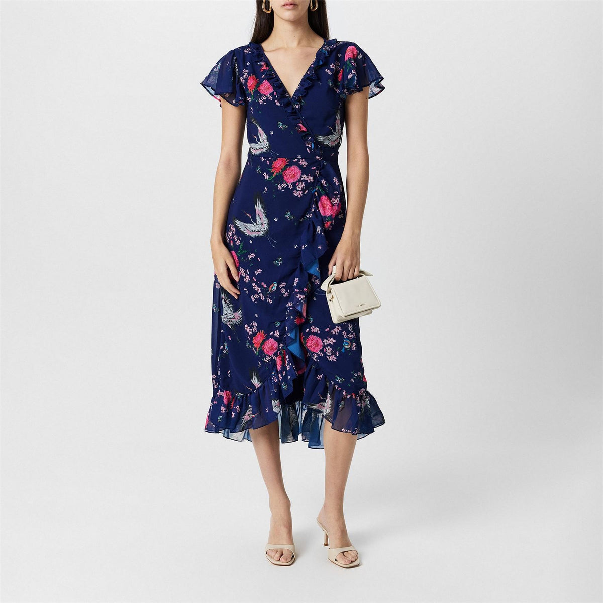 Yumi Crane Print V-Neck Midi Wrap Dress