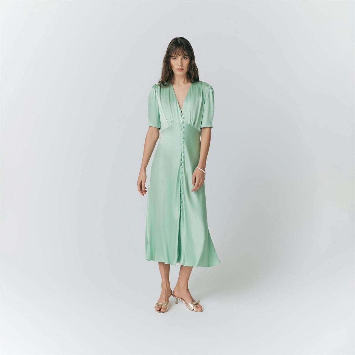 Ghost Satin V-Neck Midi Slip Dress