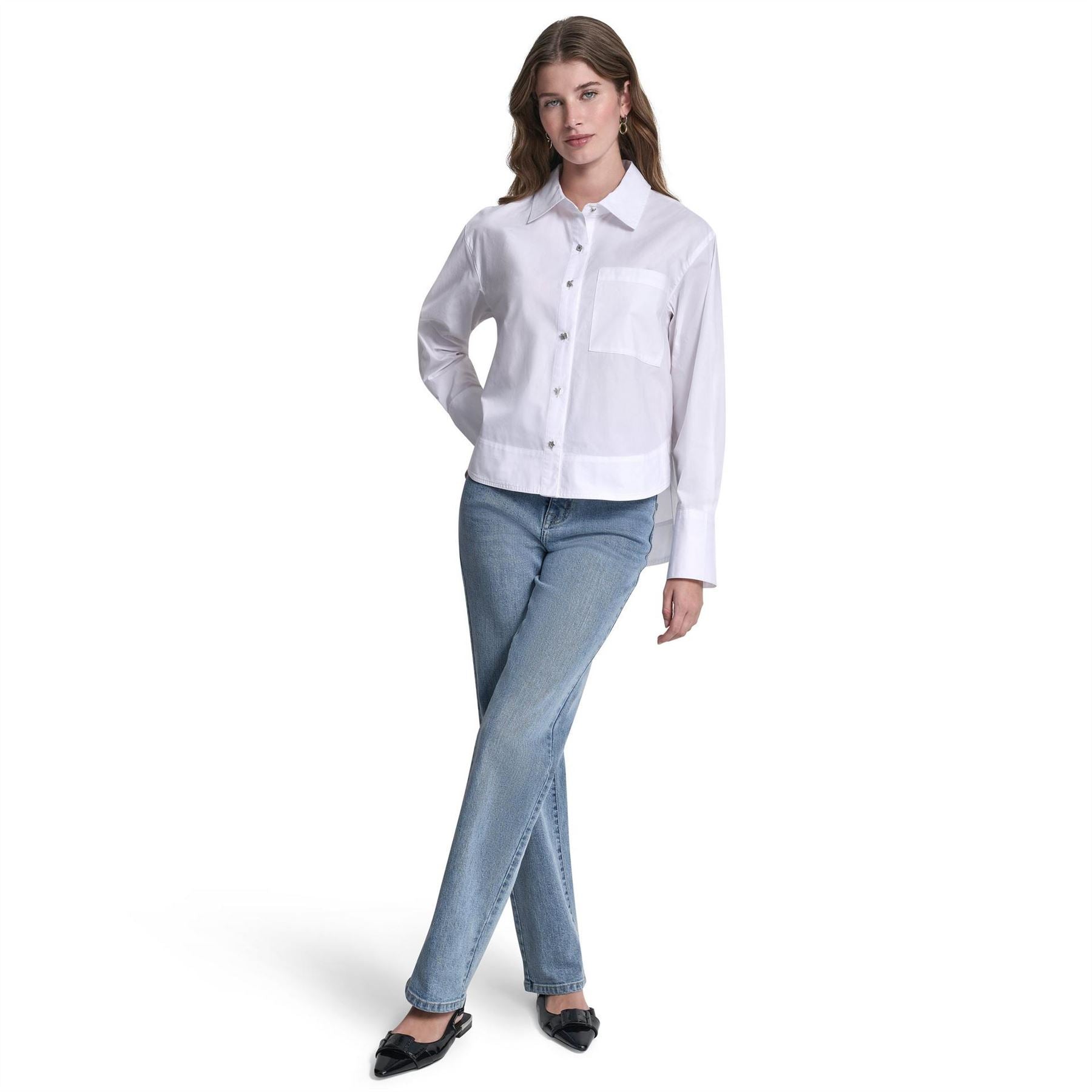 DKNY Jeans Poplin Shirt W  Rhinestone Buttons  And  Stepped Hem